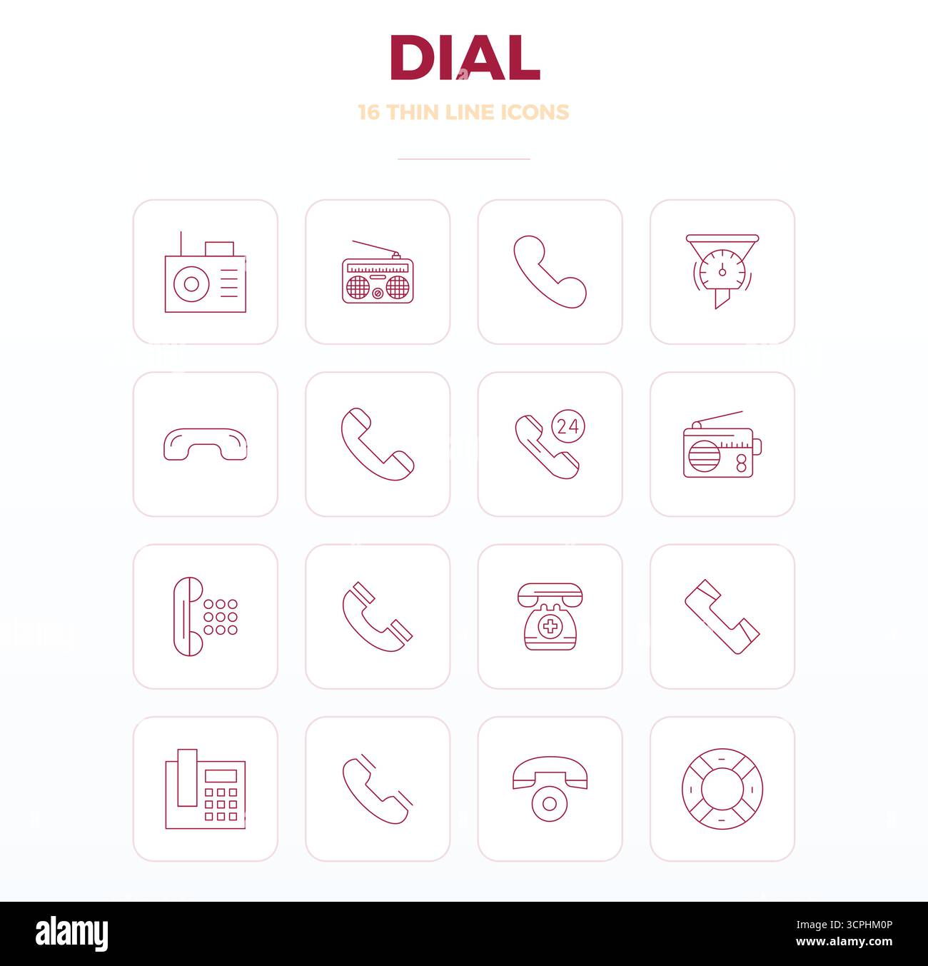 Umfassendes Paket mit 16 Vektorsymbolen im Thin Outline Design für Dial, in gestochen scharfer Qualität mit 128x128 PIXELN. Stock Vektor