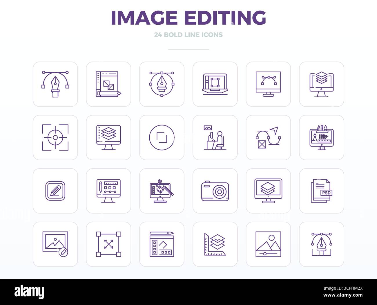Set aus 24 starken Outline PIXEL Perfect Vektorsymbolen, die sich um Bildbearbeitung drehen, in einer Auflösung von 128x128 für eine nahtlose Integration in Apps und WE Stock Vektor