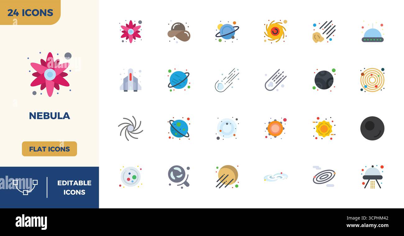 Optimieren Sie Ihre Projekte mit 24 flachen Farbvektorsymbolen rund um den Nebel mit einer perfekten Auflösung von 128x128 PIXELN, ideal für saubere und professionelle Anwendungen Stock Vektor