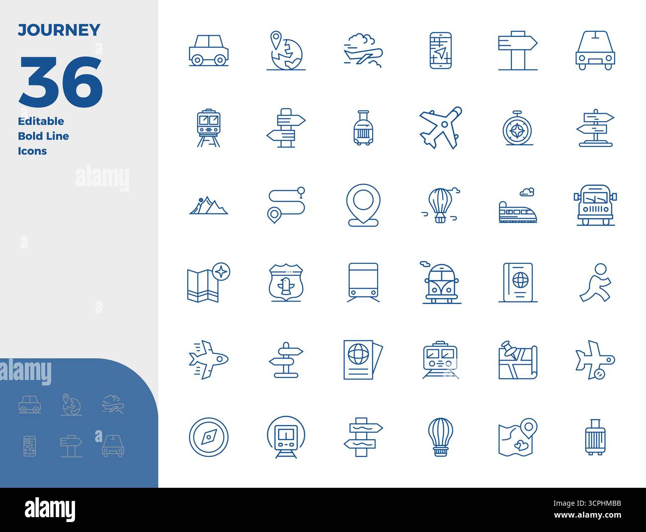 Kunstvoll gestaltete Vektorsymbole mit 36 PIXELN IN fettgedruckter Linie für Journey, im Format 128x128 für konsistente visuelle Qualität. Stock Vektor