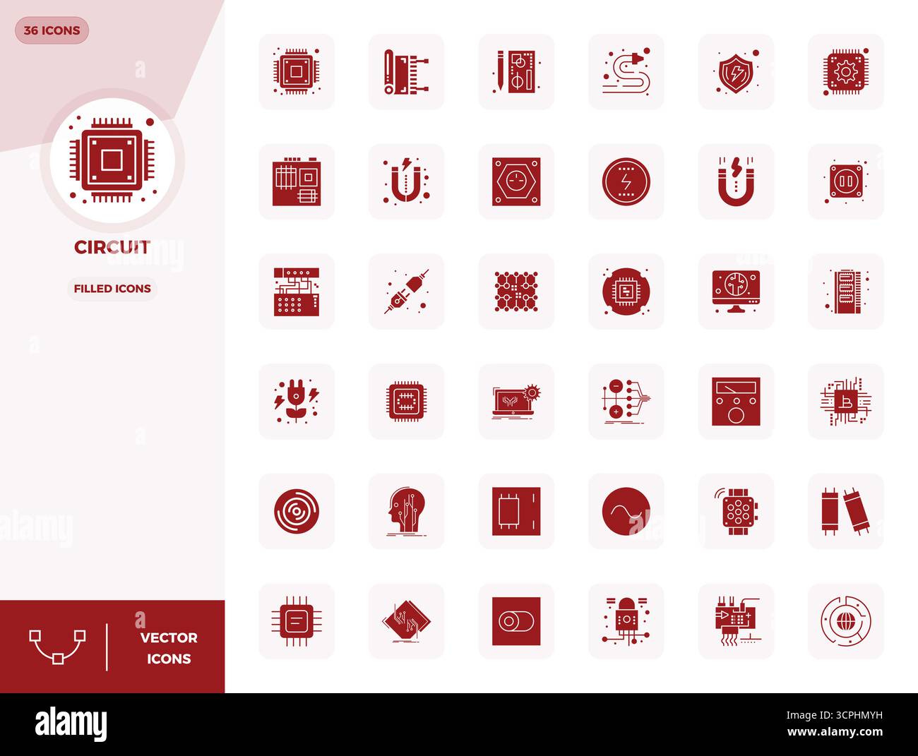 Ein vielseitiger Satz von Perfect Vektorsymbolen mit 36 PIXELN und Fokus auf Circuit, geliefert im gestochen scharfen Format 128x128, ideal für mobile und Web-Anwendungen. Stock Vektor