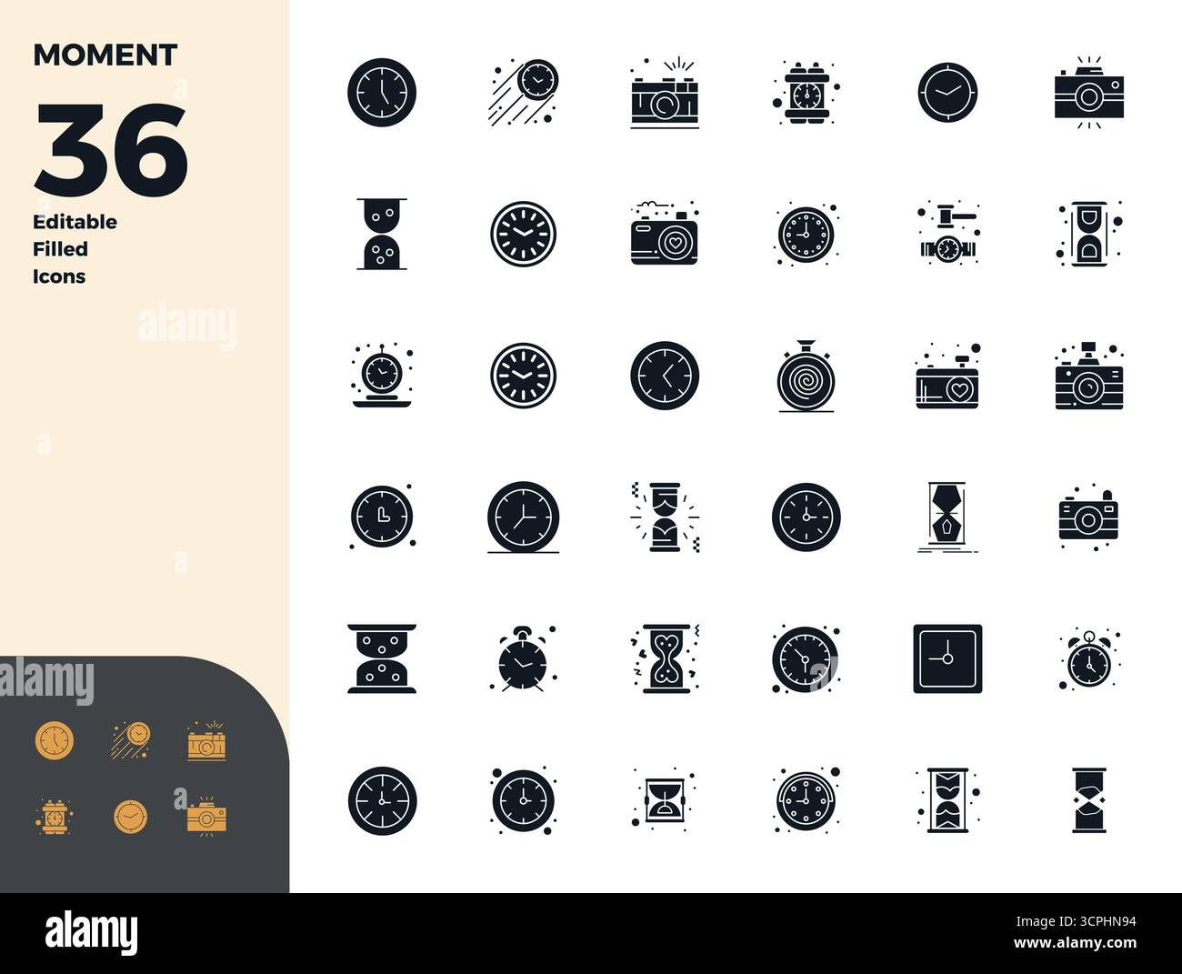 Präzise entwickelte 36 Glyph-gefüllte Vektorsymbole für Moment, entwickelt mit einer perfekten Auflösung von 128x128 PIXELN für außergewöhnliche Klarheit und Skalierbarkeit. Stock Vektor