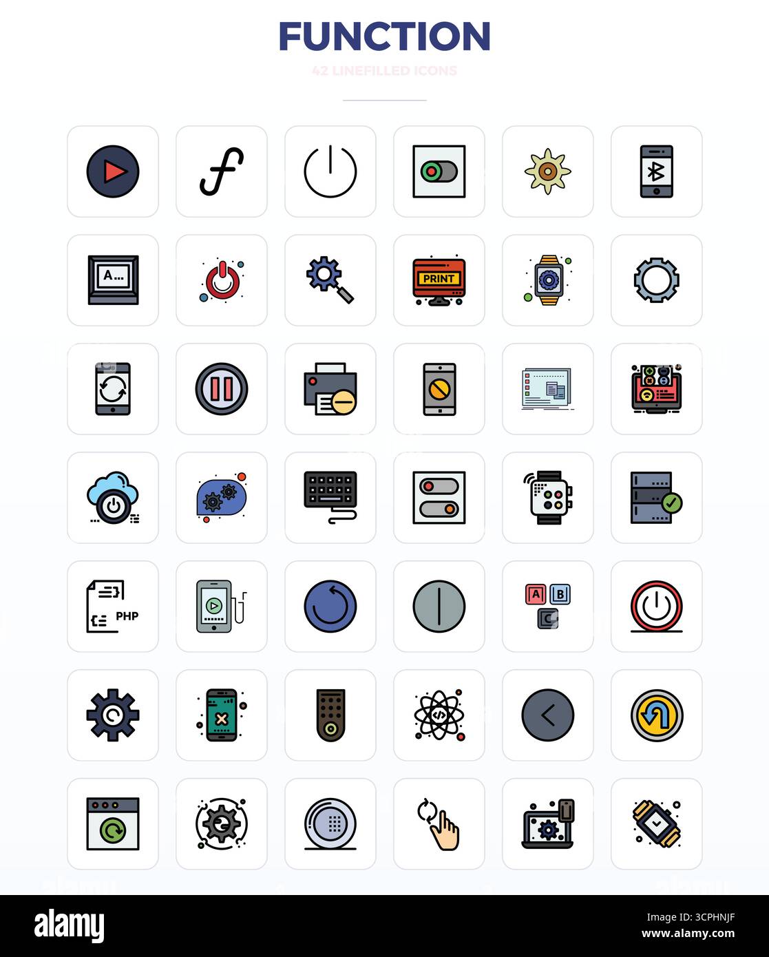 Dieses Set von 42 LineFill-Vektorsymbolen erfasst Funktionsthemen in perfekter Qualität mit 128x128 PIXELN, perfekt für technische und geschäftliche Anwendungen. Stock Vektor