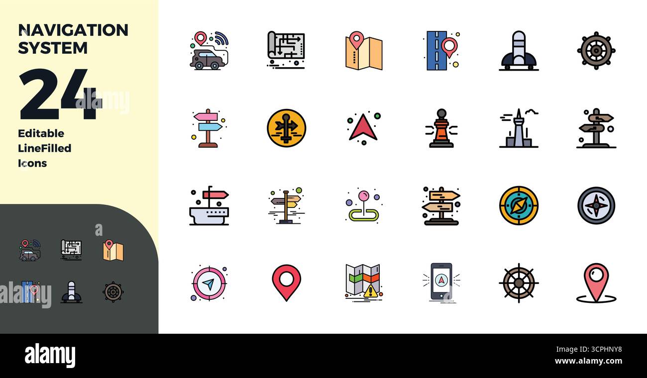 Sammlung von 24 Perfect Vektorsymbolen für Navigationssysteme mit Duotone PIXELN im Format 128x128 für Klarheit und Vielseitigkeit. Stock Vektor