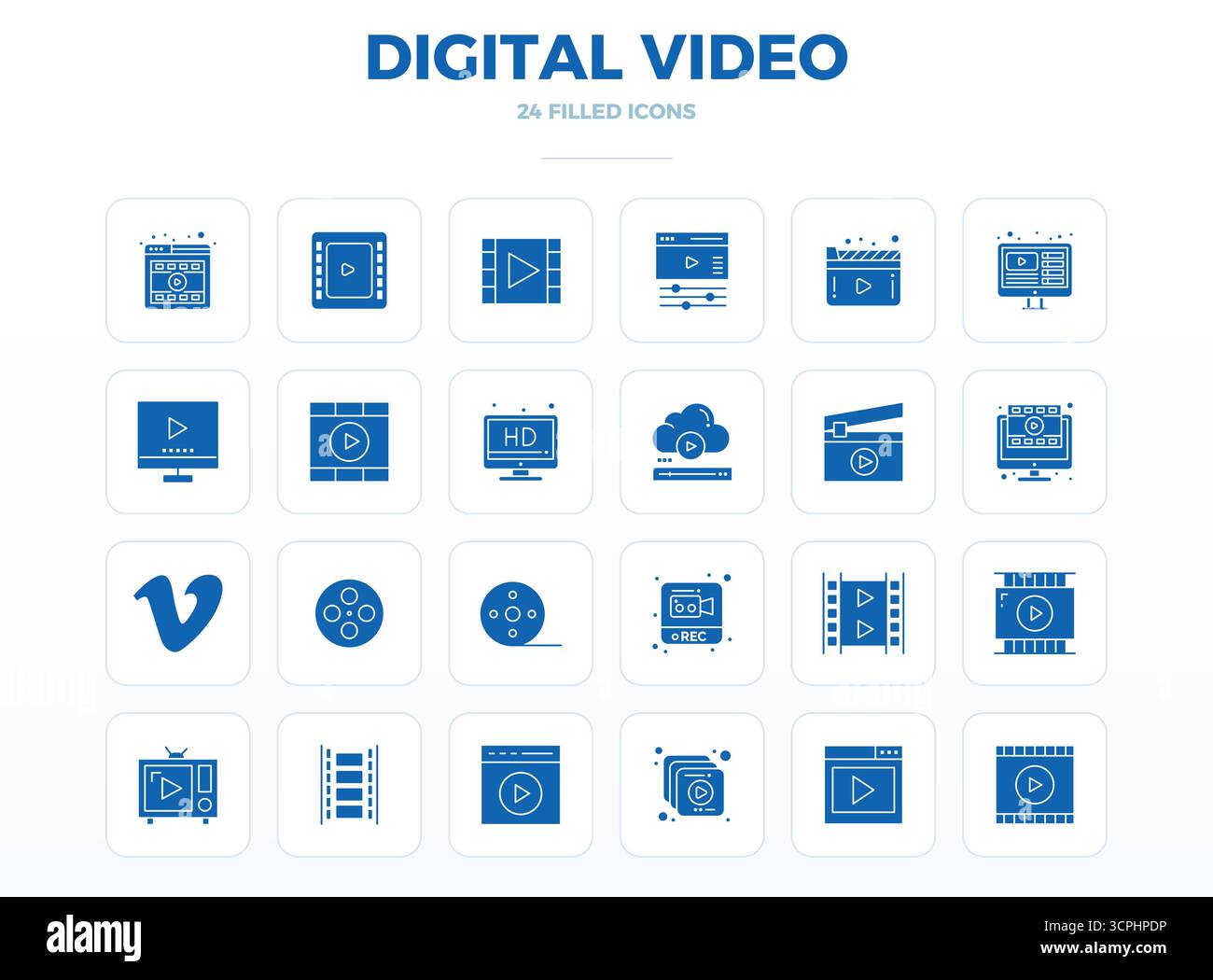 Optimieren Sie Ihre Projekte mit 24 SolidFill Vektorsymbolen rund um Digital Video mit einer perfekten Auflösung von 128x128 PIXELN, ideal für saubere und professionelle Anwendungen Stock Vektor