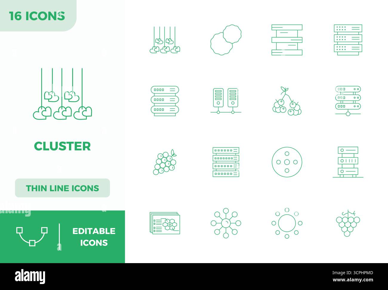 Zukunftsweisendes Paket mit 16 Vektorsymbolen rund um Cluster, das Minimal Line Design mit 128x128 PIXELN und perfekter Klarheit für innovative Benutzerinte präsentiert Stock Vektor