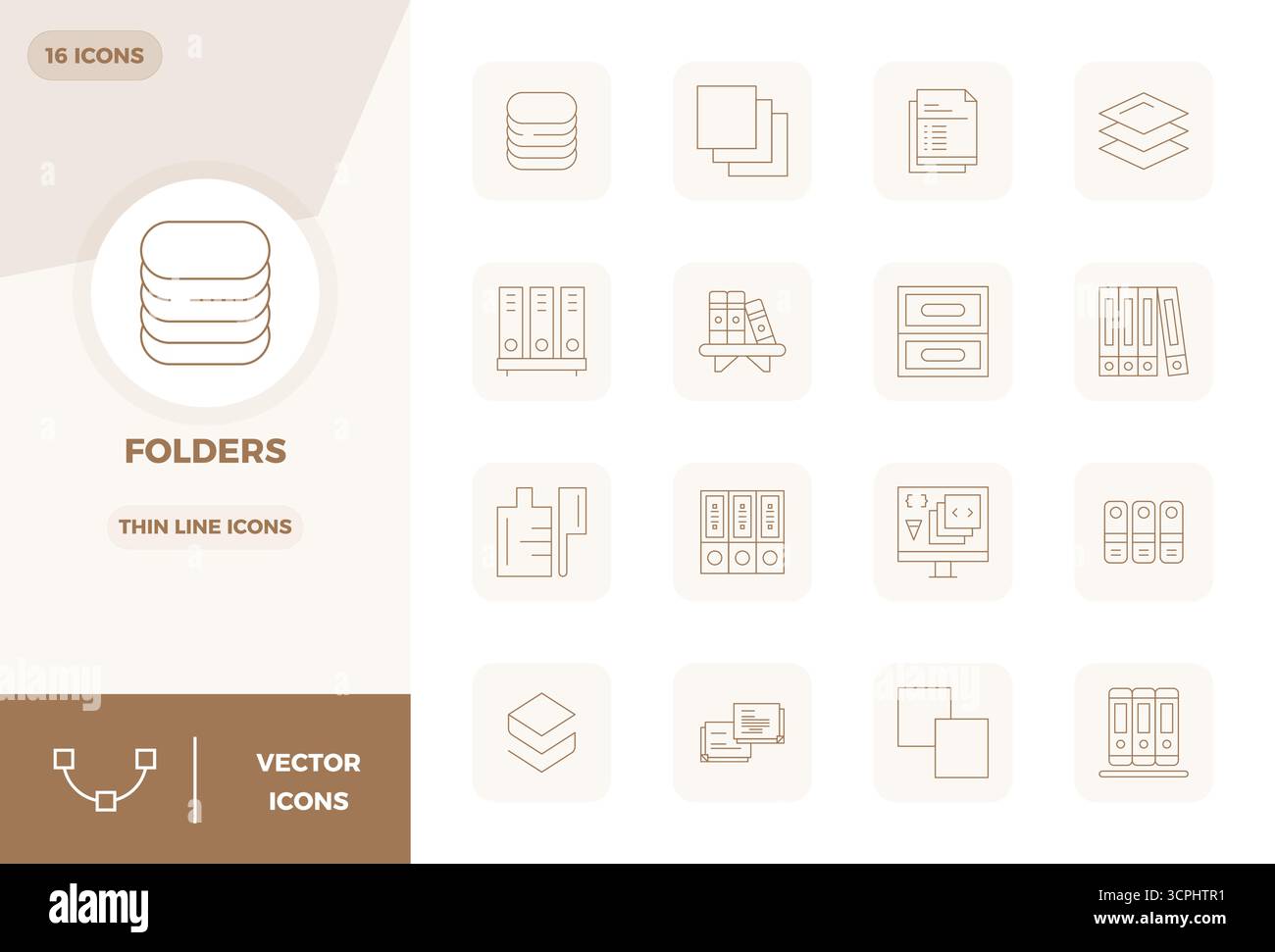 Eine übersichtliche Sammlung von 16 Thin Line Vektorsymbolen, die Ordner darstellen, im perfekten Format mit 128x128 PIXELN für moderne Dashboards und Schnittstellen. Stock Vektor