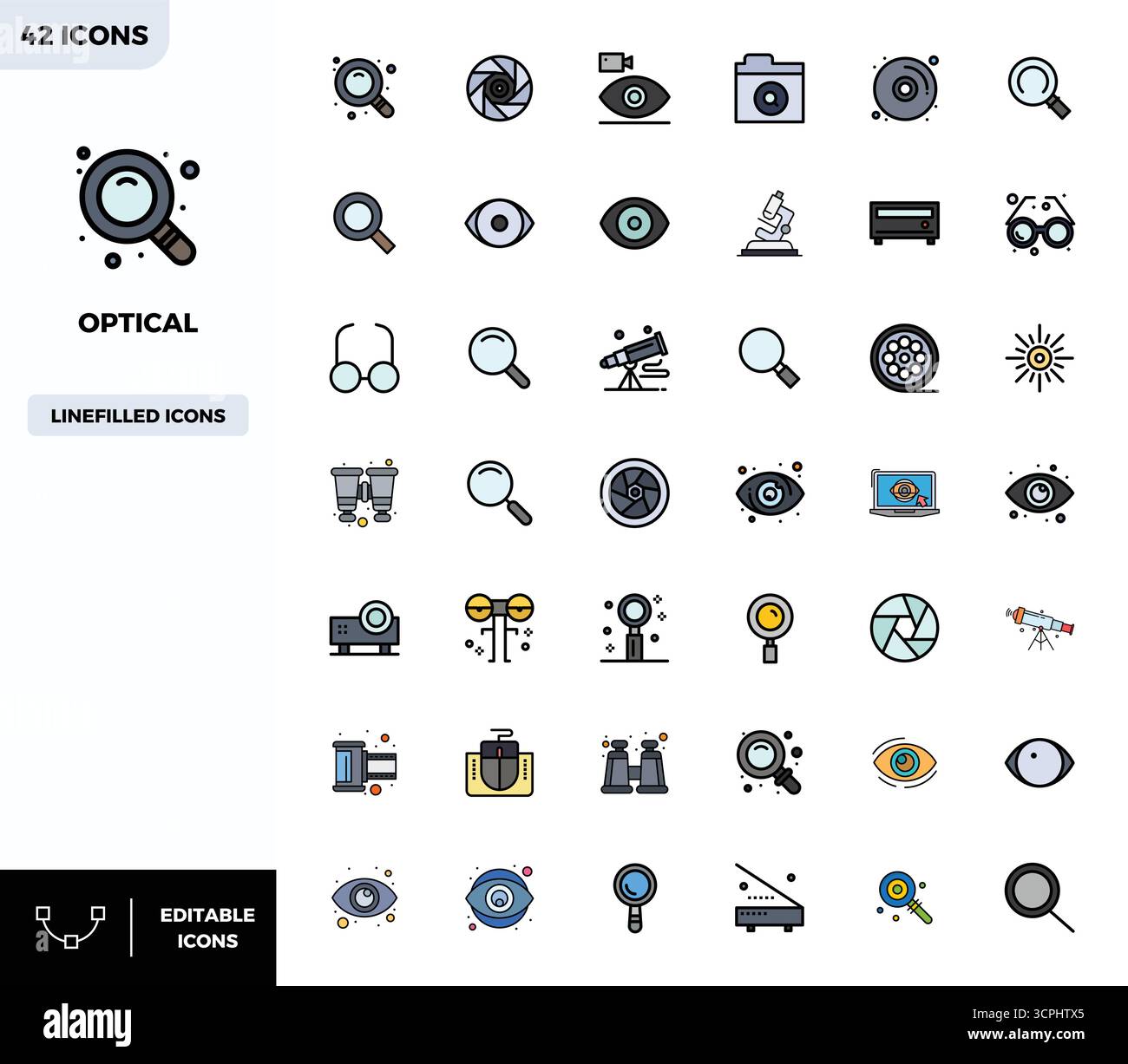Sammlung von 42 flachen linearen FARBPIXEL Perfect Vektor-Symbolen für optische Optik im Format 128x128 für Klarheit und Vielseitigkeit. Stock Vektor