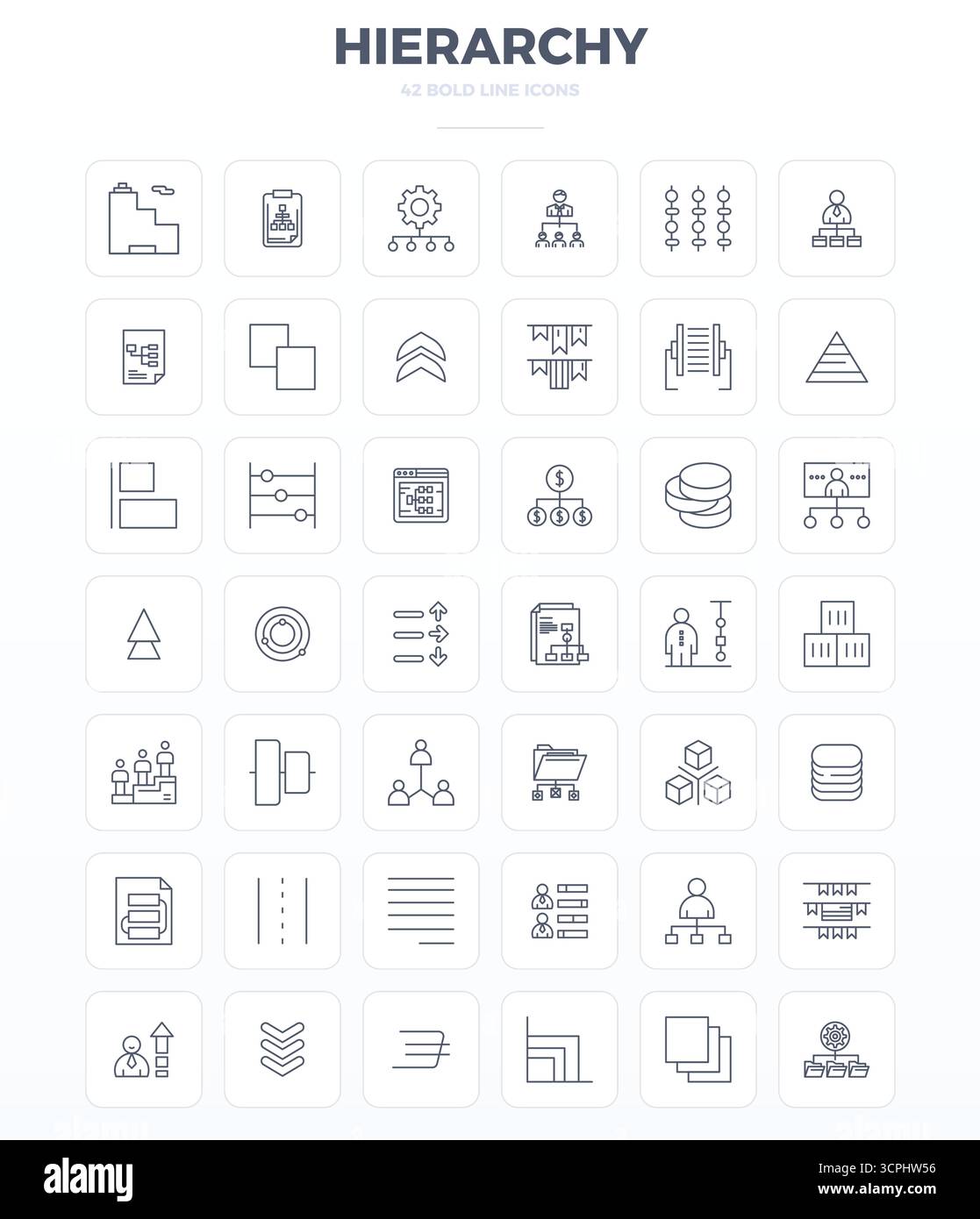 Sorgfältig kuratierte 42 starke Outline-Vektorsymbole für Hierarchie mit einer perfekten Auflösung von 128x128 PIXELN für eine konsistente Markendarstellung und -Verwendung Stock Vektor