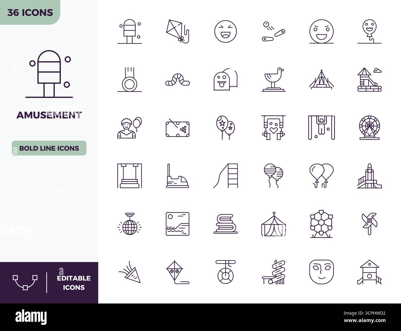 Zeitgenössische Sammlung von 36 Vektorsymbolen, die Amusement in Heavy Line-Ästhetik darstellen, mit 128x128 PIXEL perfekter Auflösung für moderne Anwendungen Stock Vektor