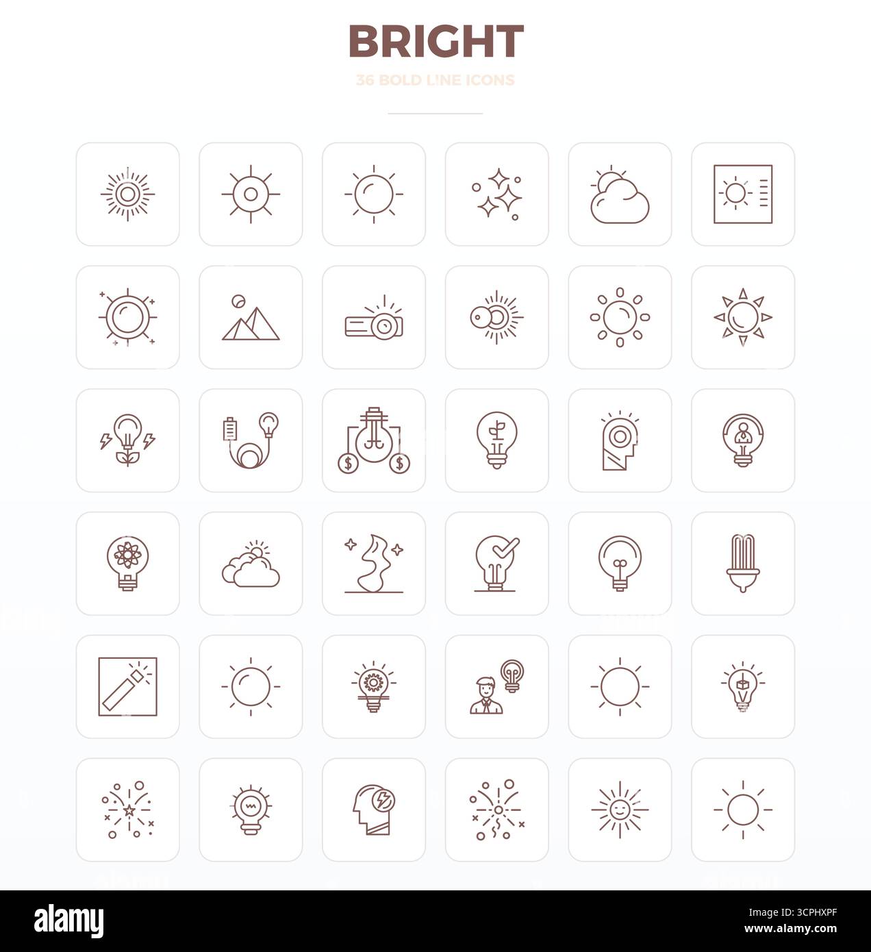 Umfassendes Toolkit mit 36 Vektorsymbolen, die sich um Helles drehen, entwickelt in Strong Outline mit 128x128 PIXELN perfekter Präzision für vielseitiges Design A Stock Vektor
