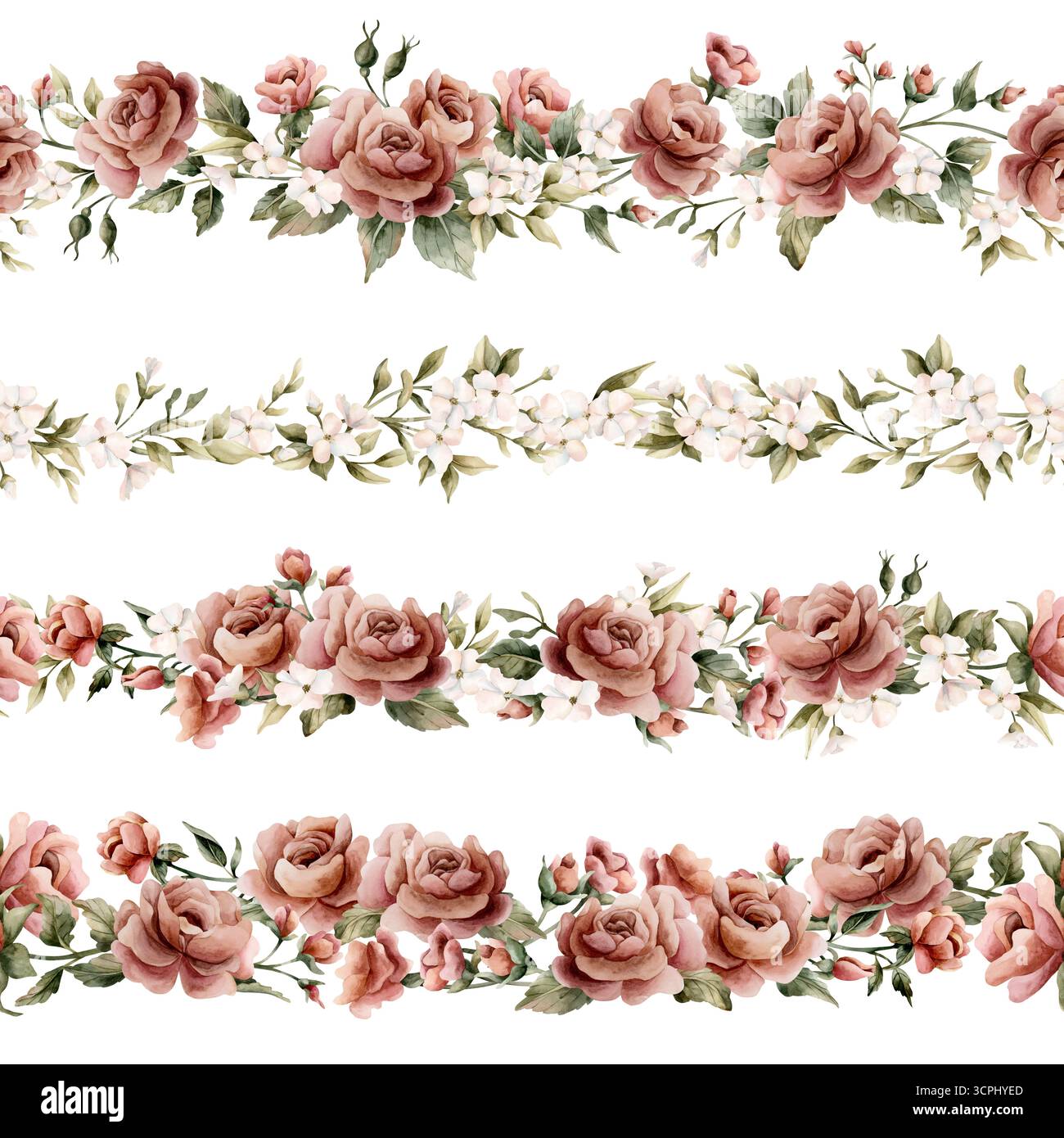 Rosen mit nahtlosen weißen Blumensorten gesetzt. Staubige rosa Garten viktorianische Aquarell Hand bemalt florale isolierte Illustration für Hochzeit Design Haus Stockfoto