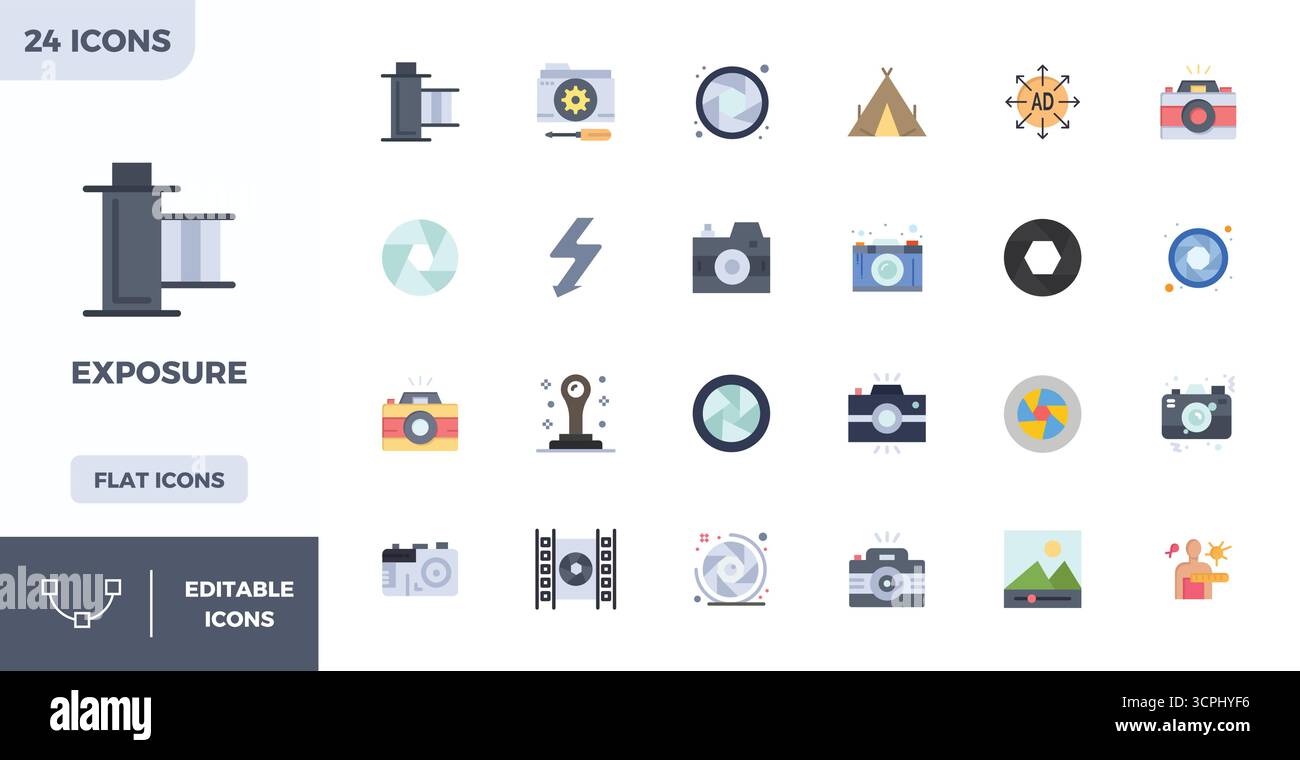Zukunftsweisendes Paket mit 24 Vektorsymbolen rund um die Belichtung, mit flachem Farbdesign mit 128x128 PIXELN und perfekter Klarheit für innovative Benutzer Stock Vektor