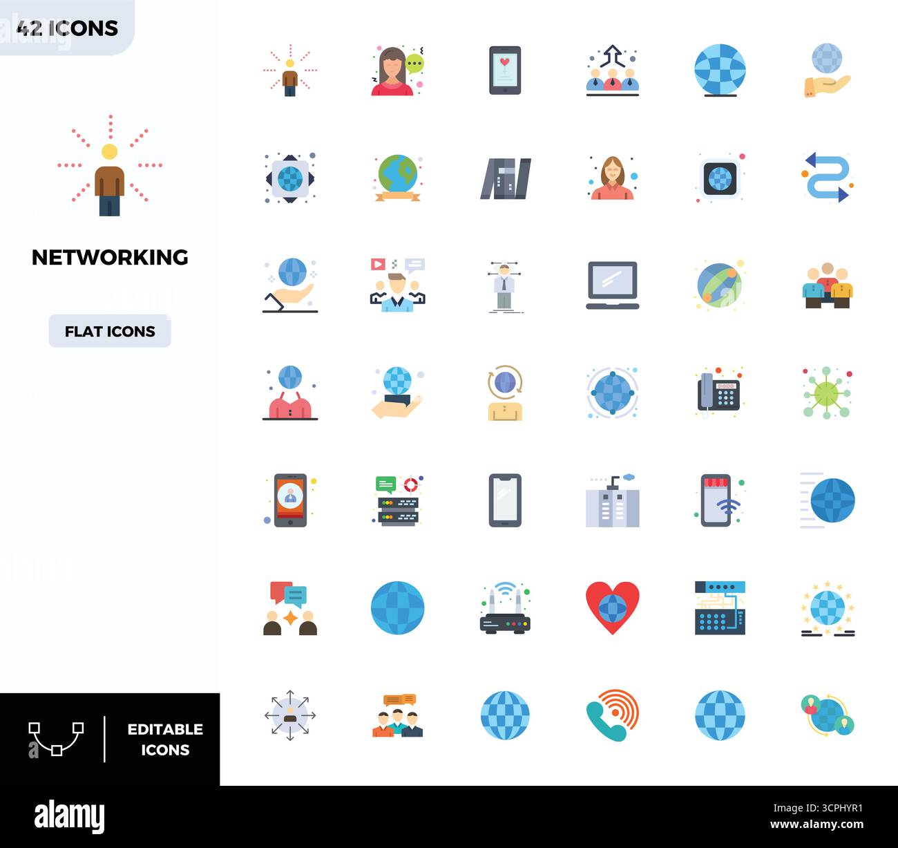 Entdecken Sie eine Reihe von 42 flachen Vektorsymbolen, die speziell für das Netzwerkdesign entwickelt wurden. Sie bieten perfekte Designs mit 128x128 PIXELN, die sich ideal für moderne UI/UX-Projekte eignen Stock Vektor