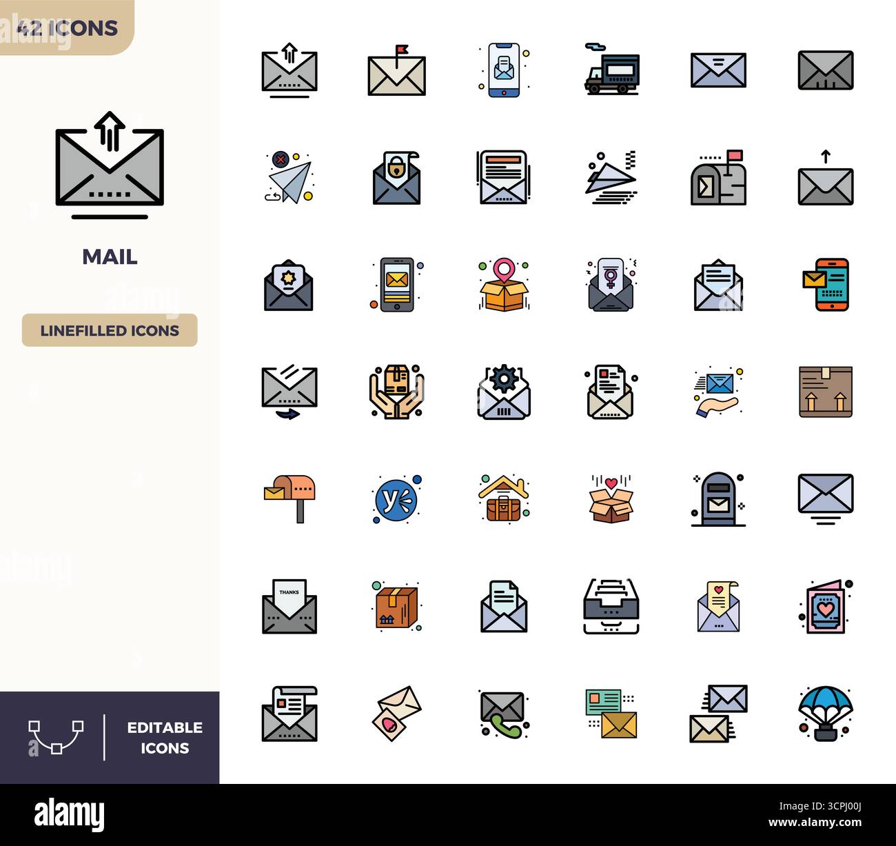 Außergewöhnliche Sammlung von 42 flachen, linearen Farbvektorsymbolen für Mail in perfekter Auflösung von 128x128 PIXELN für unvergleichliche visuelle Qualität Stock Vektor