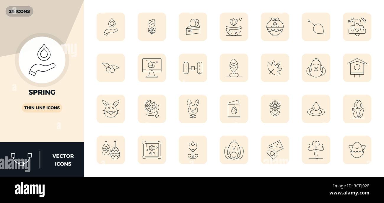 Intelligent gestaltete 28 PIXEL perfekte Vektorsymbole, inspiriert von Spring, im Thin Line-Format bei 128x128 für intelligentes und effizientes Design Stock Vektor