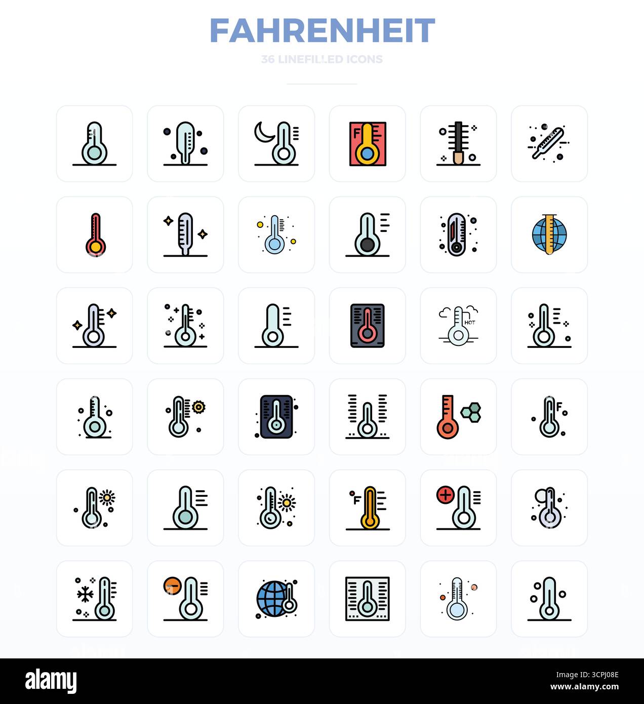 Strategisches Paket mit 36 Vektorsymbolen, die Fahrenheit im LineFill-Format darstellen, optimiert mit 128x128 PIXELN perfekte Qualität für professionelle Anwender Stock Vektor