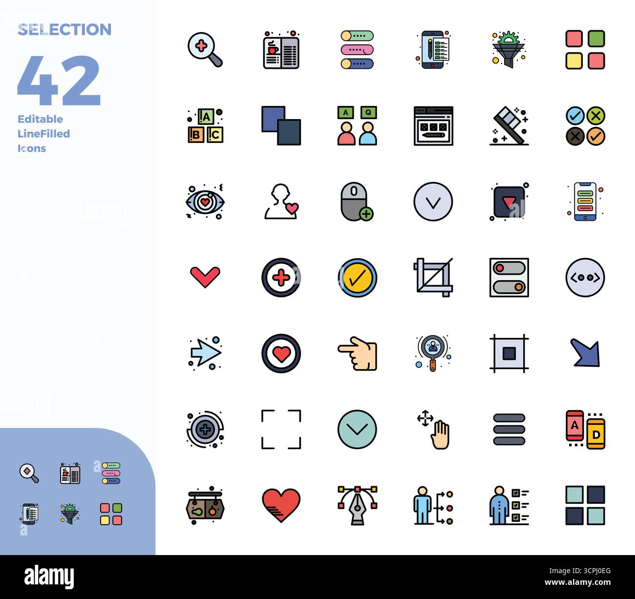 Sorgfältig zusammengestellte 42 Duotone-Vektorsymbole für Selection mit einer perfekten Auflösung von 128x128 PIXELN für eine konsistente Markendarstellung und Benutzererfahrung Stock Vektor