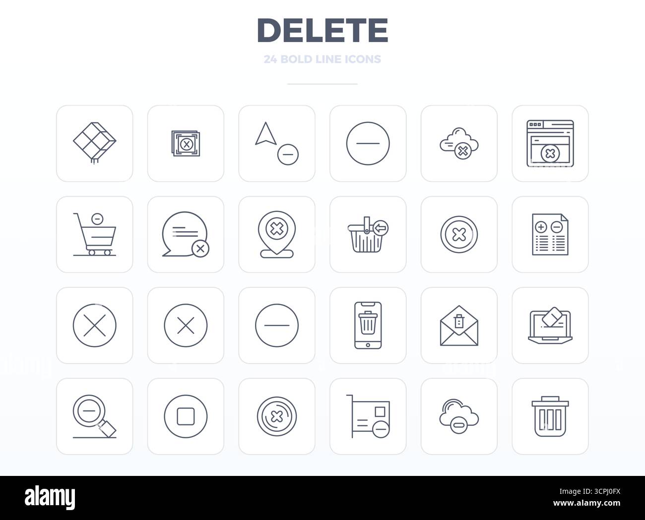 Zeitgenössische Sammlung von 24 Vektorsymbolen, die Delete in starker Outline-Ästhetik repräsentieren, mit 128x128 PIXEL perfekte Auflösung für moderne Anwendungen Stock Vektor