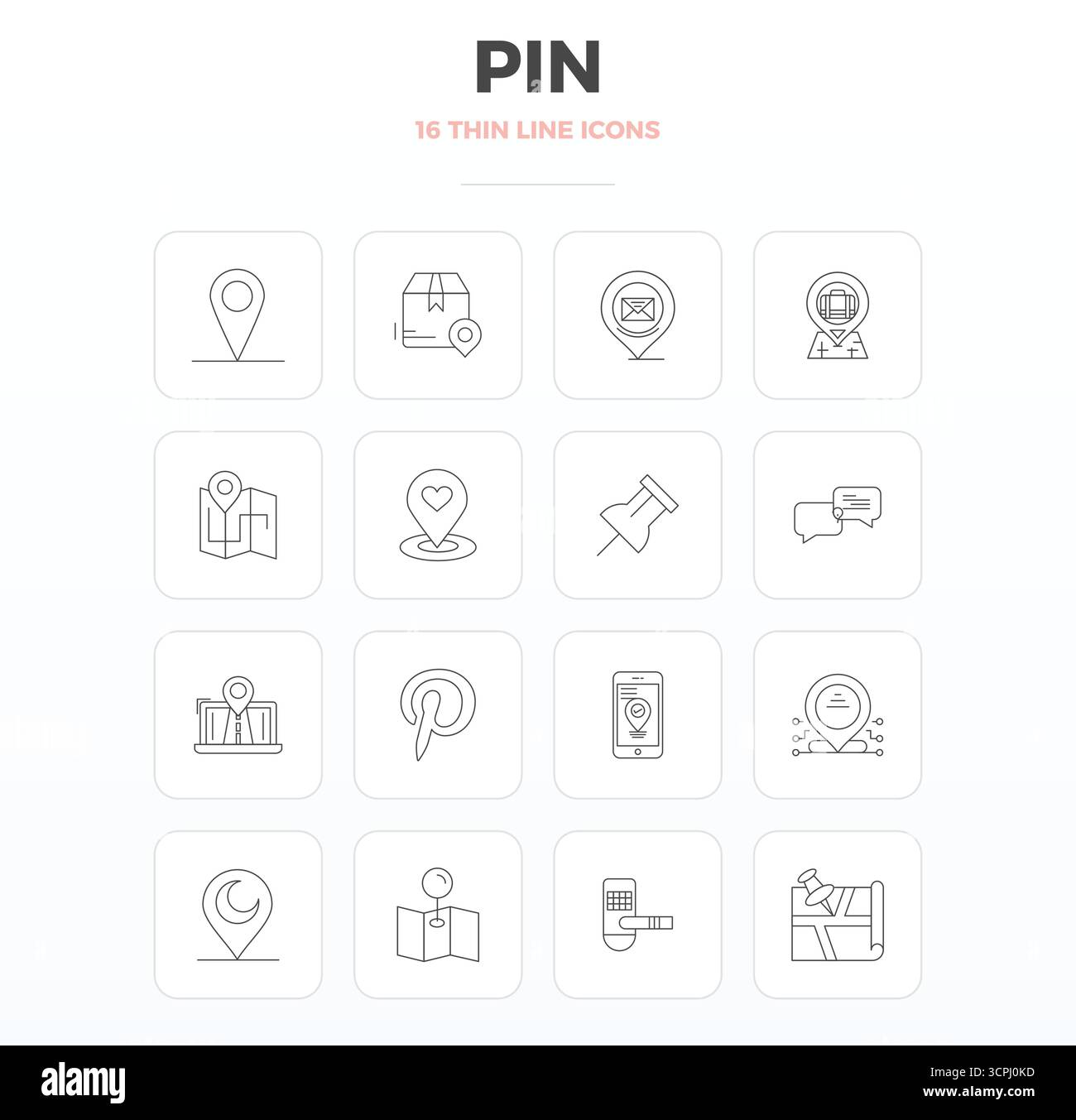 Wunderschön gerenderte 16 Thin Outline PIXEL perfekte Vektorsymbole für Pin, erstellt mit einer Auflösung von 128x128 für beeindruckende visuelle Konsistenz über die gesamte Plattform hinweg Stock Vektor
