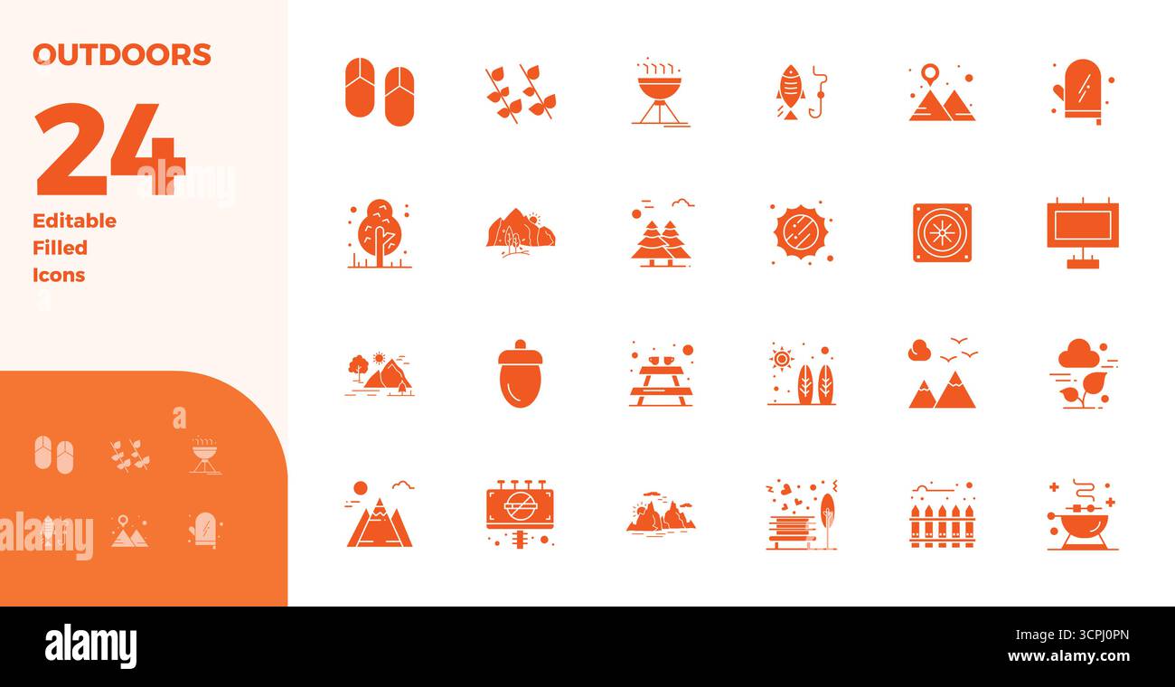 Vektorpaket mit 24 PIXELN mit Glyph-Füllung perfekte Symbole, inspiriert von der Natur, geliefert in einer Auflösung von 128x128, ideal für skalierbare und kreative Designarbeiten Stock Vektor