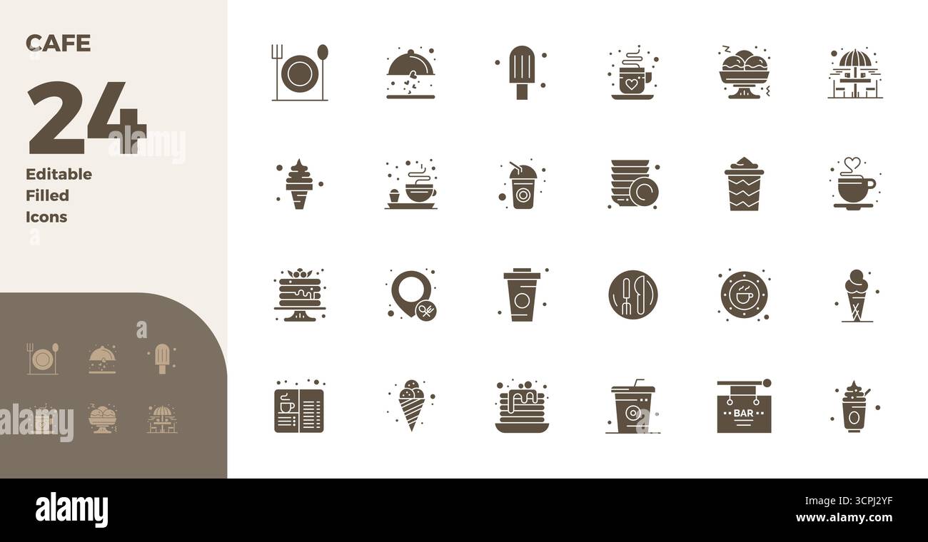 Unverkennbares Paket mit 24 PIXEL Perfect Vektor-Ikonen, inspiriert von Cafe, im Glyph-gefüllten Format bei 128x128 für unvergessliche Markenerlebnisse. Stock Vektor