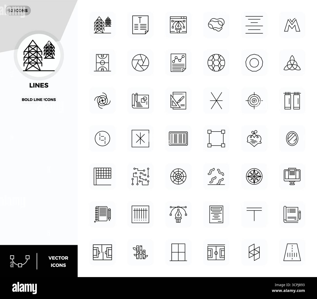 Umfassendes Paket mit 42 Vektorsymbolen im Bold Line-Design für Linien, in gestochen scharfer Qualität mit 128 x 128 PIXELN. Stock Vektor