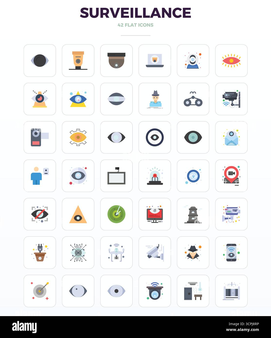 Wunderschön gerenderte 42 minimale flache PIXEL perfekte Vektorsymbole für die Überwachung, erstellt mit einer Auflösung von 128x128 für atemberaubende visuelle Konsistenz Stock Vektor