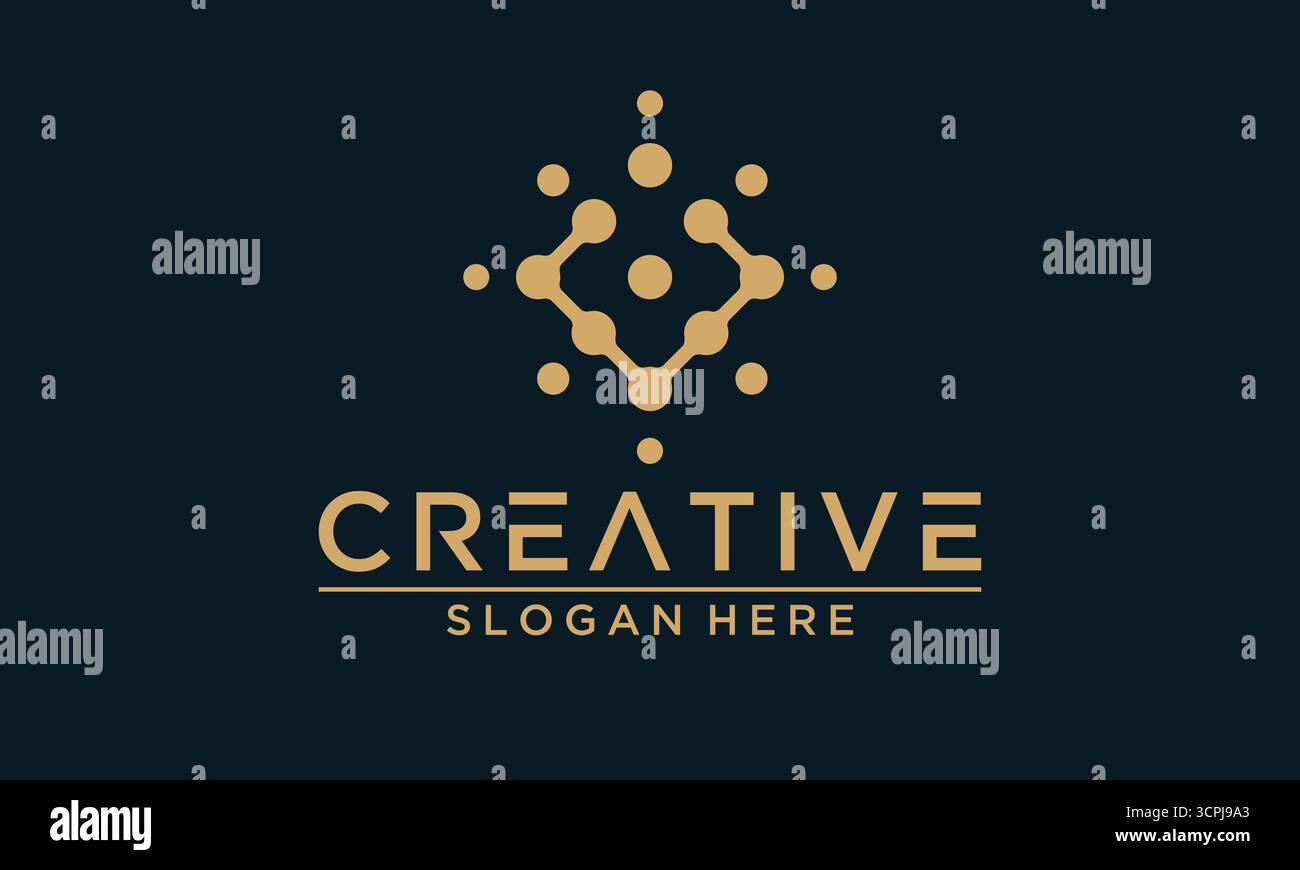 Diese Vektor-Illustration zeigt ein kreatives Logo-Design mit dem Buchstaben W und einem Punktmuster in Goldfarbe. Es steht vor einem marineblauen Hintergrund, pe Stock Vektor