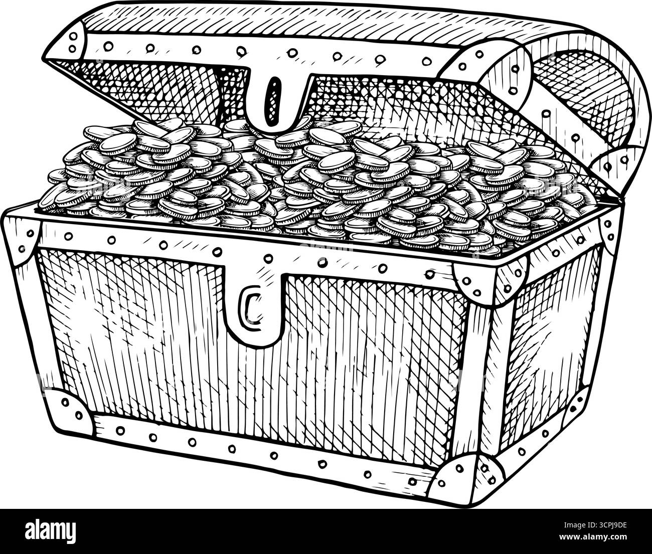 Eine alte Kiste mit Goldmünzen. Schwarzweiß-Grafiken, Vektorabbildungen. Handgezeichnete Illustrationen. Für Kinderspiele und -Feiern. Für Stock Vektor