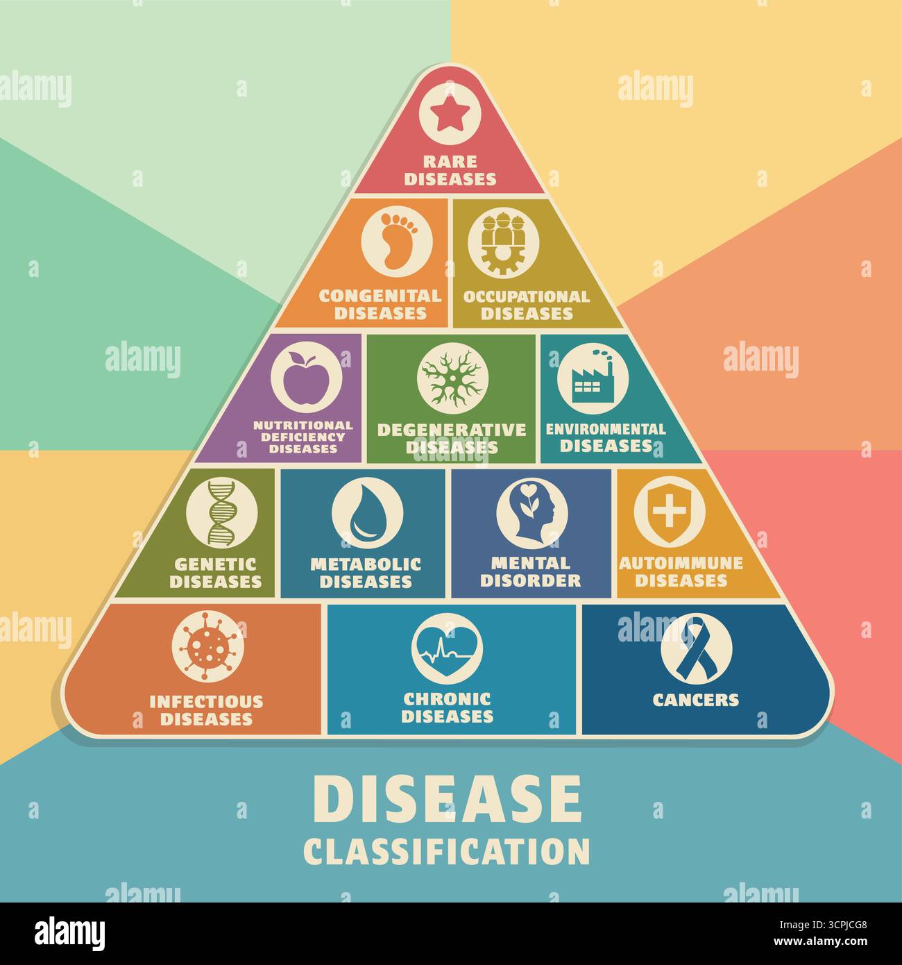 Pädagogische medizinische Pyramide mit Krankheitseinteilung mit farbenfrohem Gesundheits-Infografik-Design Stock Vektor