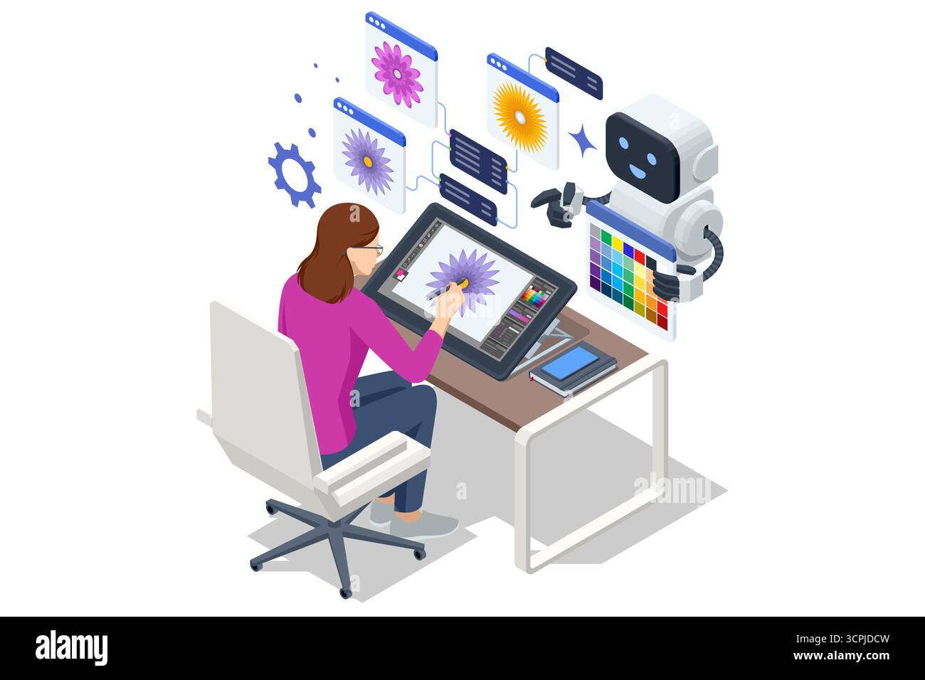 KI Design Assistant Tablet. Isometrischer Roboter, der Designerinnen hilft, Blumen auf einem digitalen Tablet zu zeichnen, KI-Unterstützung bei kreativer Arbeit und Grafikdesign. Stock Vektor