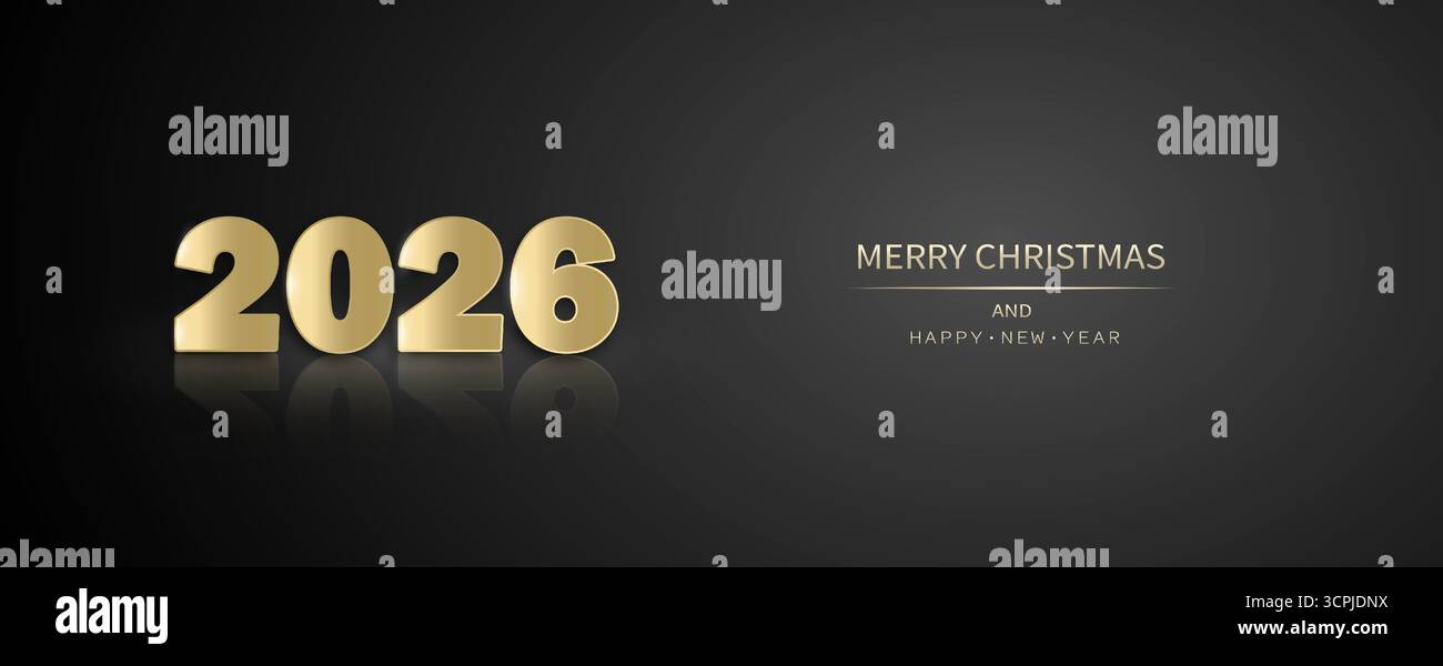 Minimalistischer Silvester-Hintergrund mit goldenem Schriftzug 2026 auf schwarzem Hintergrund. Stock Vektor
