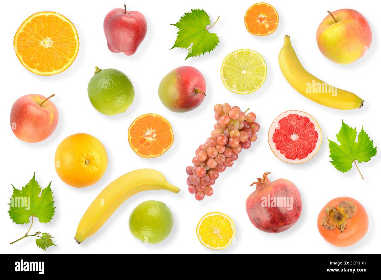 Satz von hellen, frischen Früchten mit hellem Schatten isoliert auf weißem Hintergrund. Stockfoto