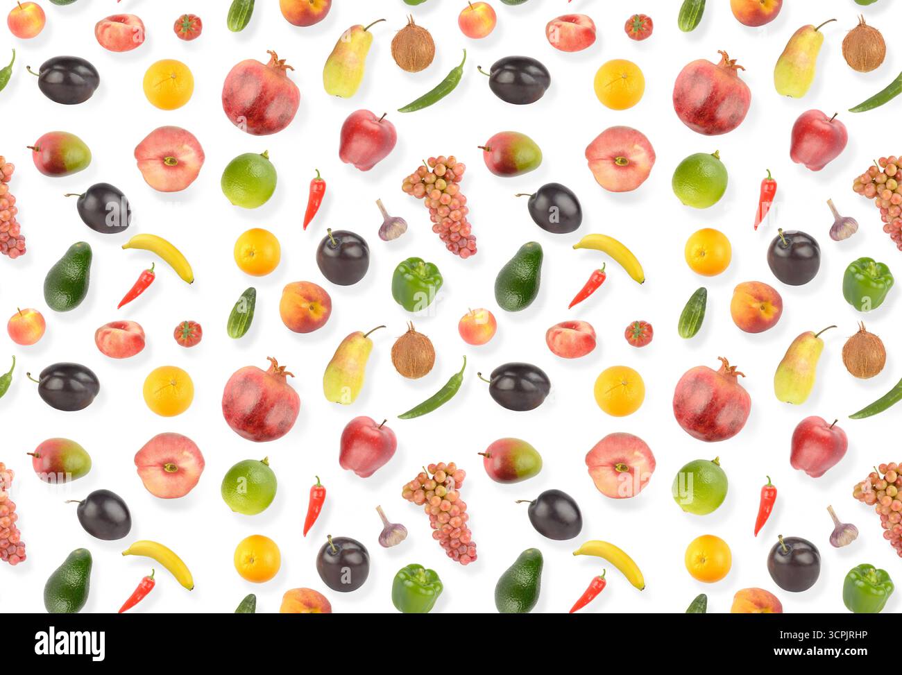 Großes nahtloses Muster helles appetitliches Obst und Gemüse mit hellem Schatten auf weißem Hintergrund. Stockfoto