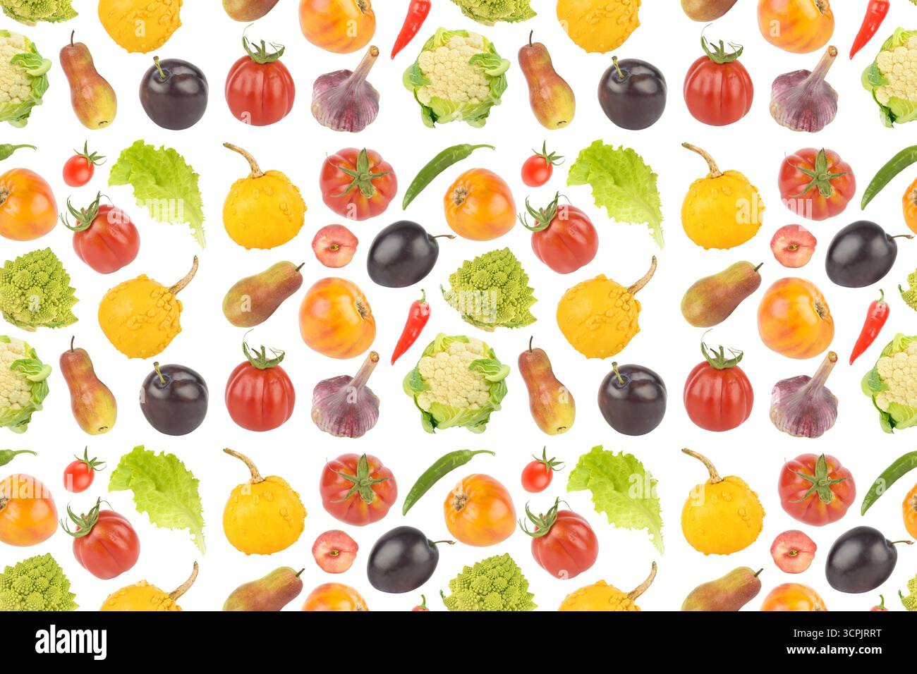 Helles appetitliches Obst und Gemüse auf weißem Hintergrund. Nahtloses Muster. Stockfoto