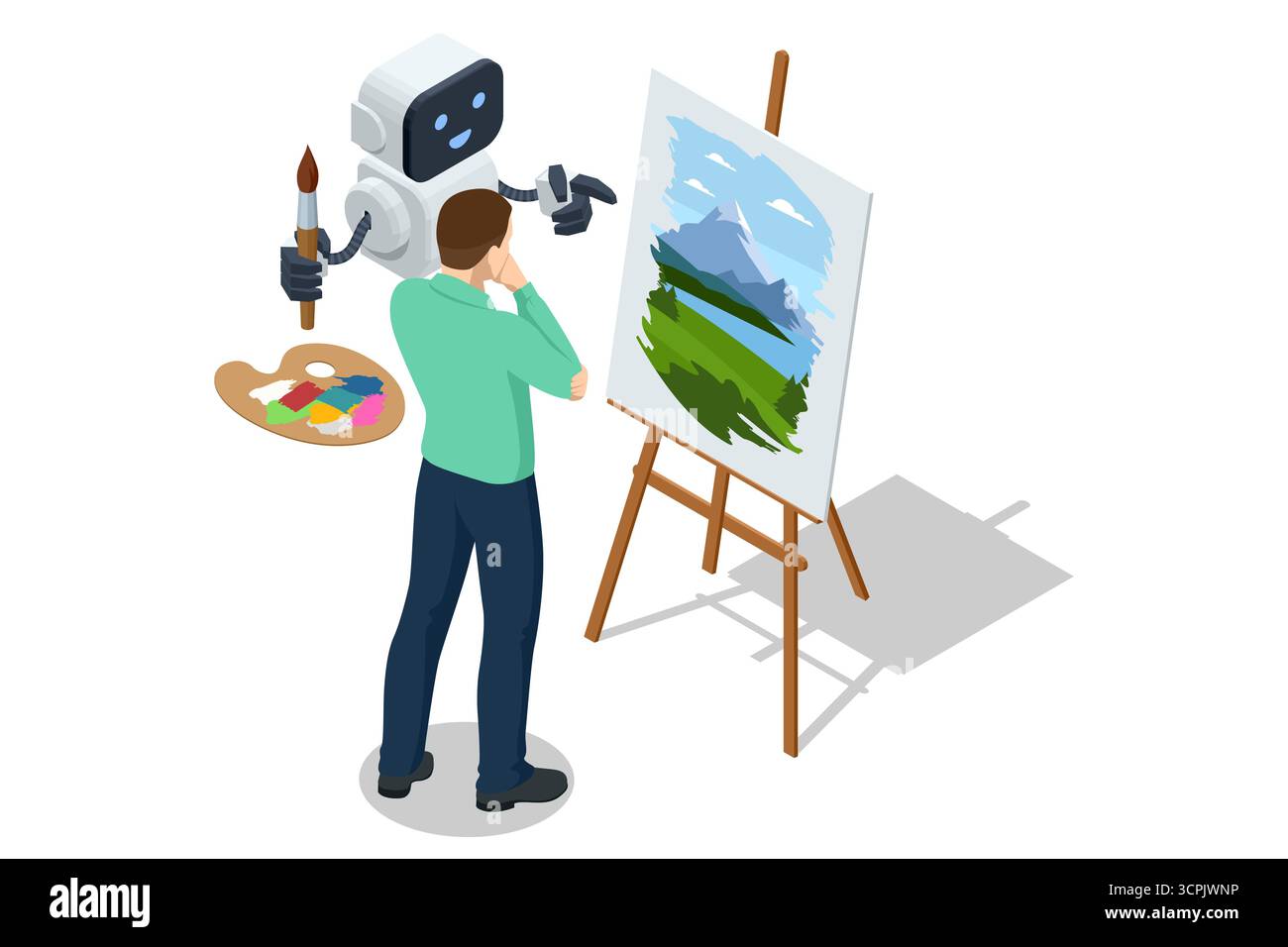 KI-Kunstassistent. Der isometrische KI-Roboter hilft dem Menschen beim Malen auf der Staffelei, unterstützt Kreativität und digitalen Kunstprozess mit künstlicher Intelligenz Stock Vektor