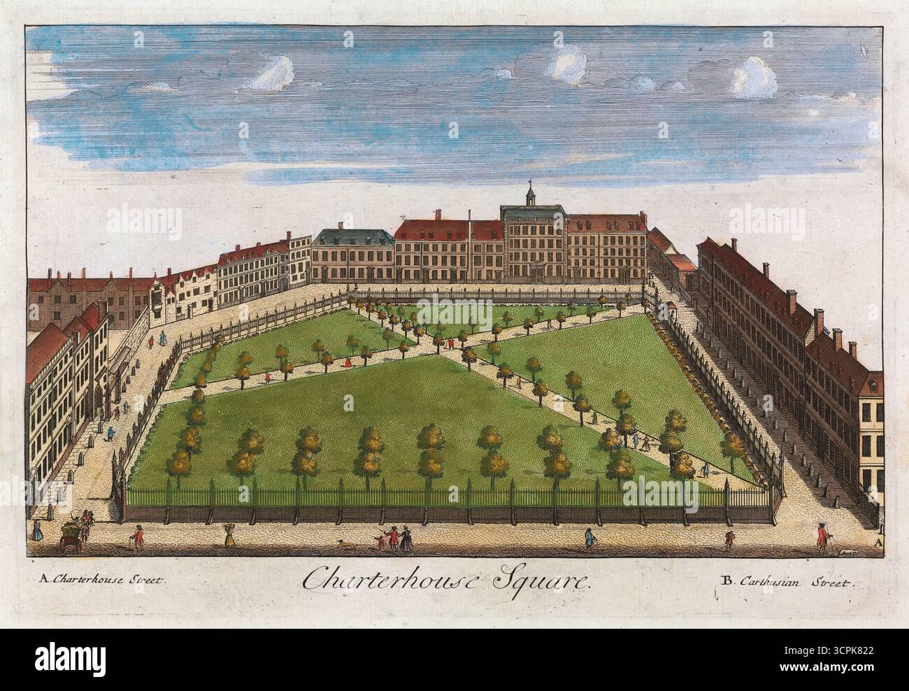 Handkolorierter Kupferstich von Charterhouse Square, London von unbekanntem Kunstwerk Vintage-Archivdruck historische Perspektive aus dem 18. Jahrhundert Stockfoto