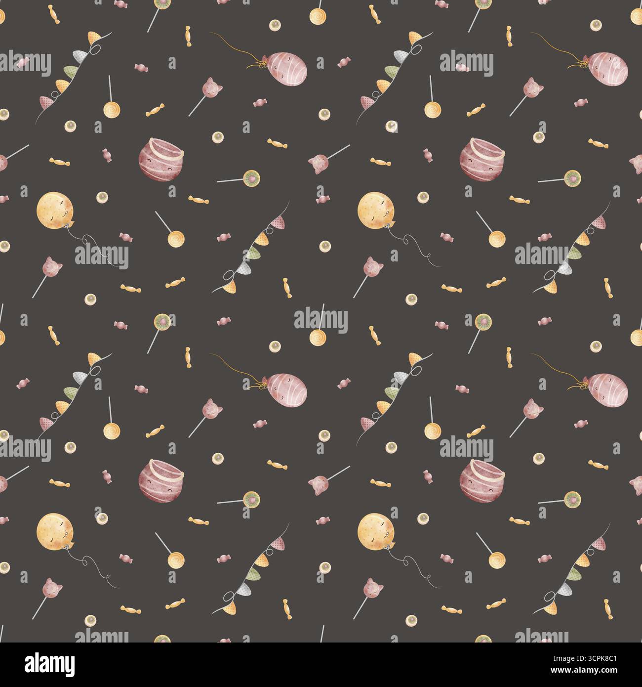 Muster Halloween Süßigkeiten, Süßigkeiten, Ballons, Girlande. Handgezeichnete Aquarellillustration im kindlichen Stil. Nahtloser Druck auf dunklem Hintergrund für Stockfoto