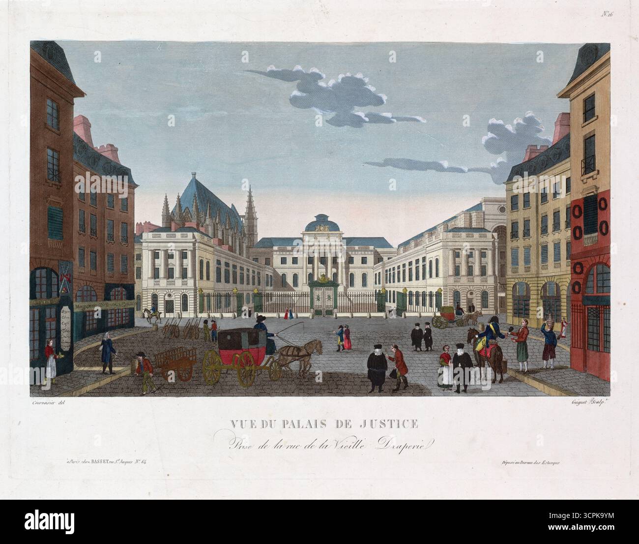 Blick auf das Palais de Justice / von der Rue de la Vieille Draperie. Handkolorierter Gravur Kunstdruck Vintage Paris, 19. Jahrhundert Vintage Druck, Guiguet, L., Graveur Henri Courvoisier-Voisin Zeichner, Paul André Basset, Verlag Stockfoto