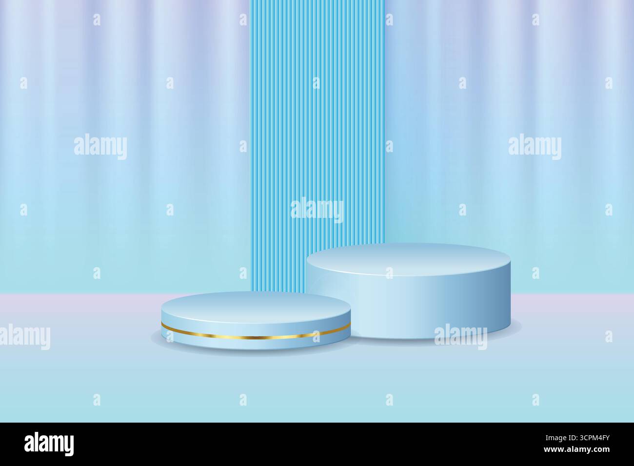 Blauer weißer 3D zylindrischer Podiumhintergrund, Wandszene im Bogenhintergrund. Minimalistischer 3D-Modell-Sockel. Produktpräsentation mit abstraktem Stand Stock Vektor