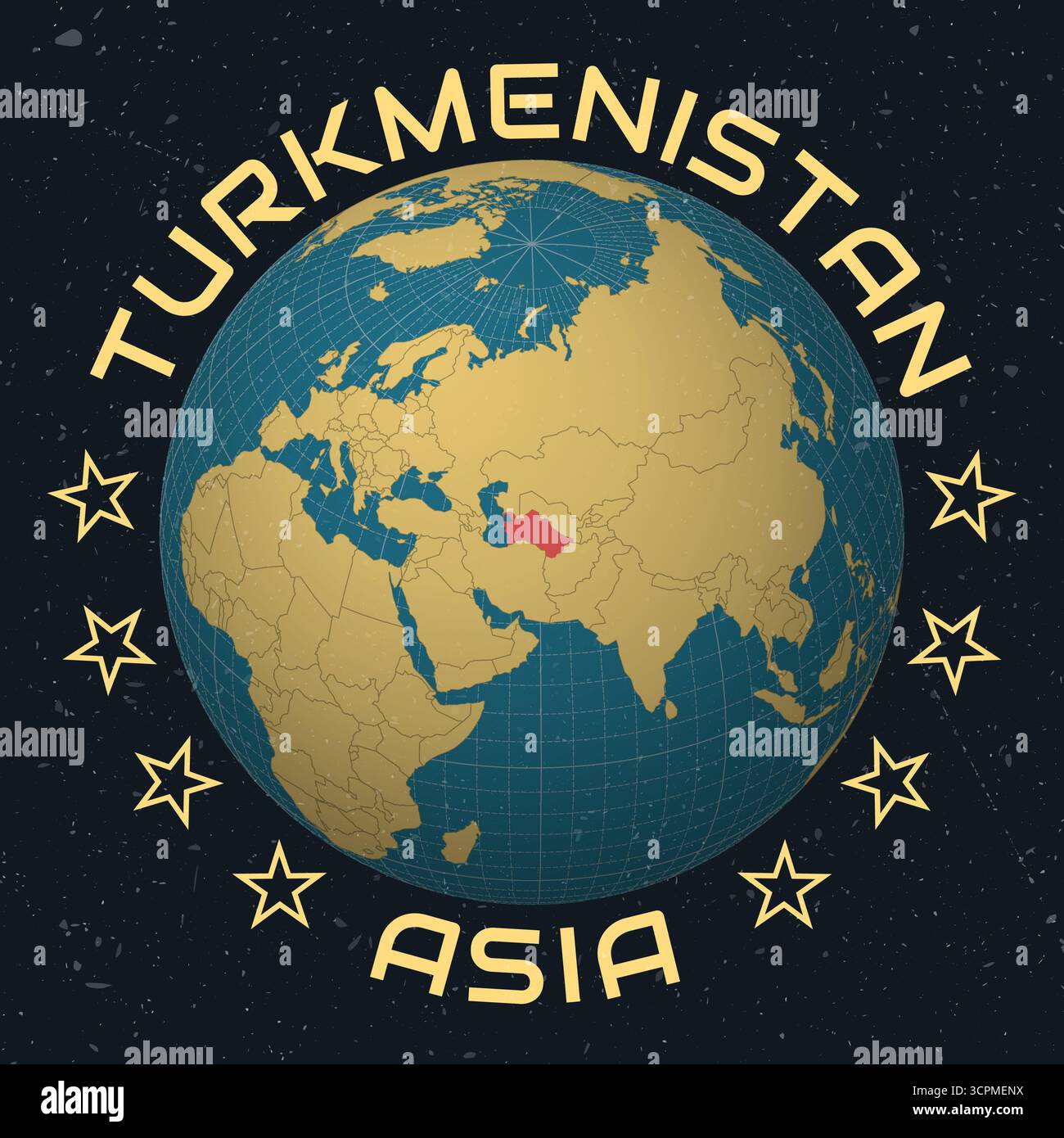 Turkmenistan auf Globe. Runder Text für Ländernamen. Vintage-Look mit zerkratzter Grunge-Textur. Stock Vektor