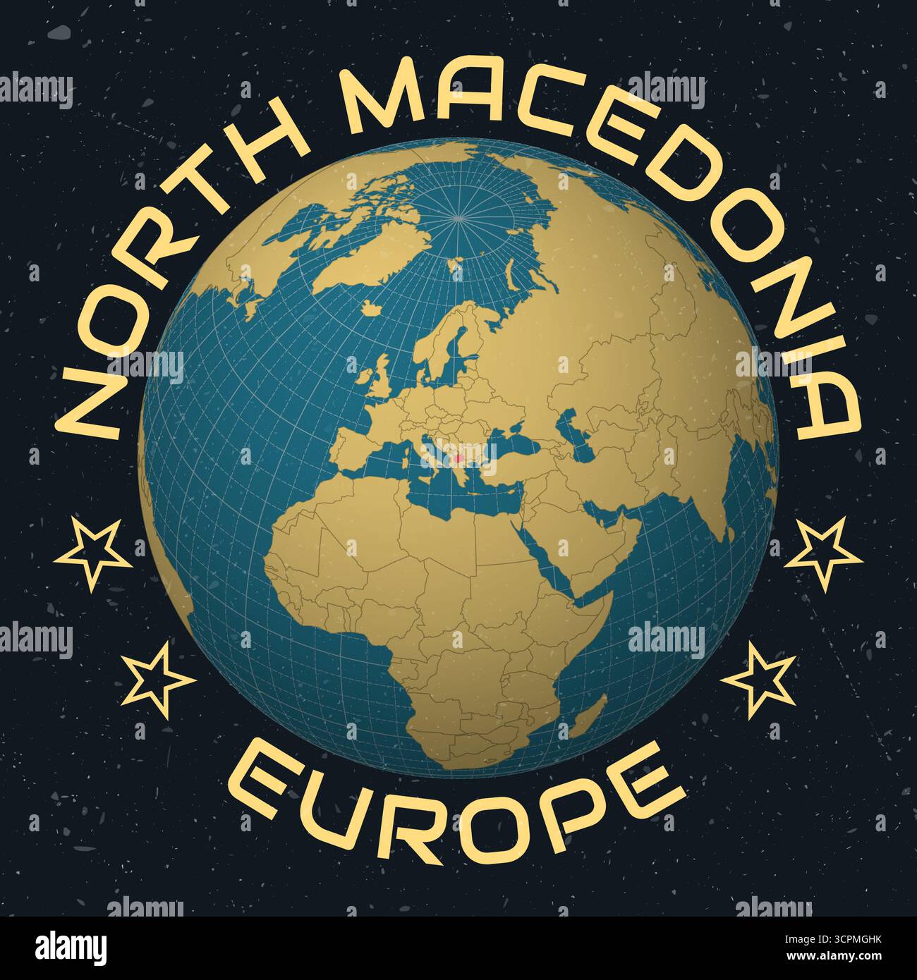 Nordmazedonien auf Globe. Runder Text für Ländernamen. Vintage-Look mit zerkratzter Grunge-Textur. Stock Vektor