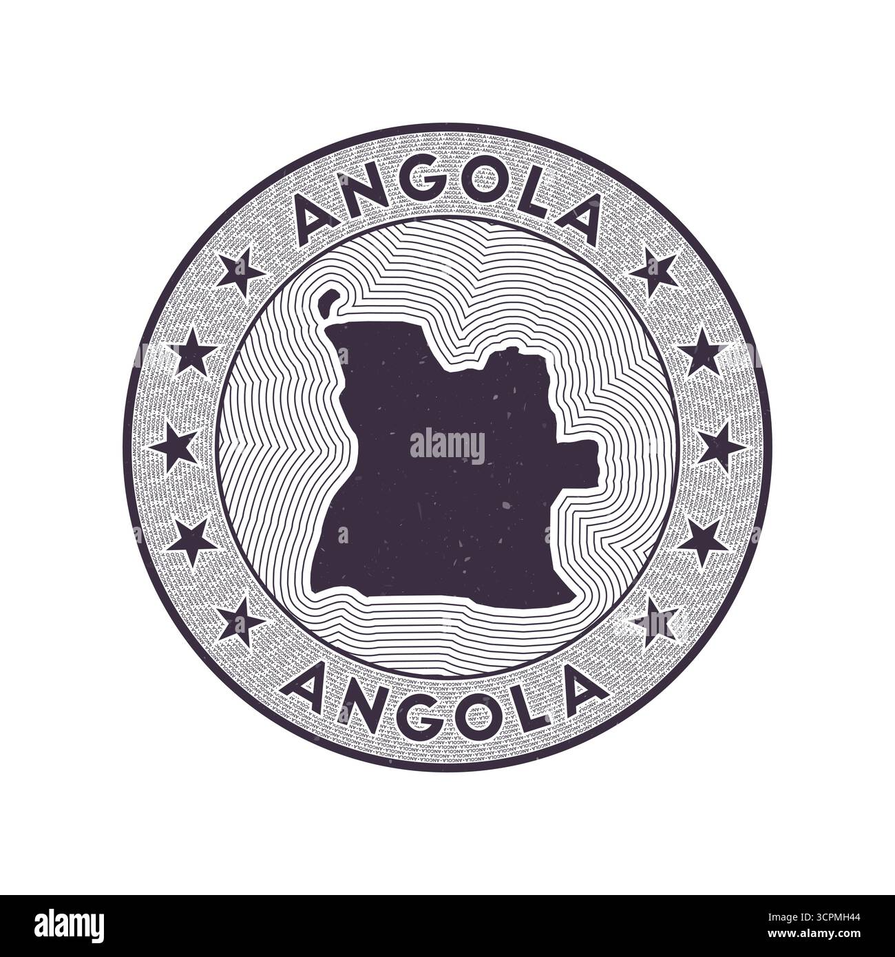 Angola runder Badge Vektor. Country Round Stempel mit Form von Angola, Isolinien und kreisförmigem Ländernamen. Fesselndes Emblem. Stock Vektor