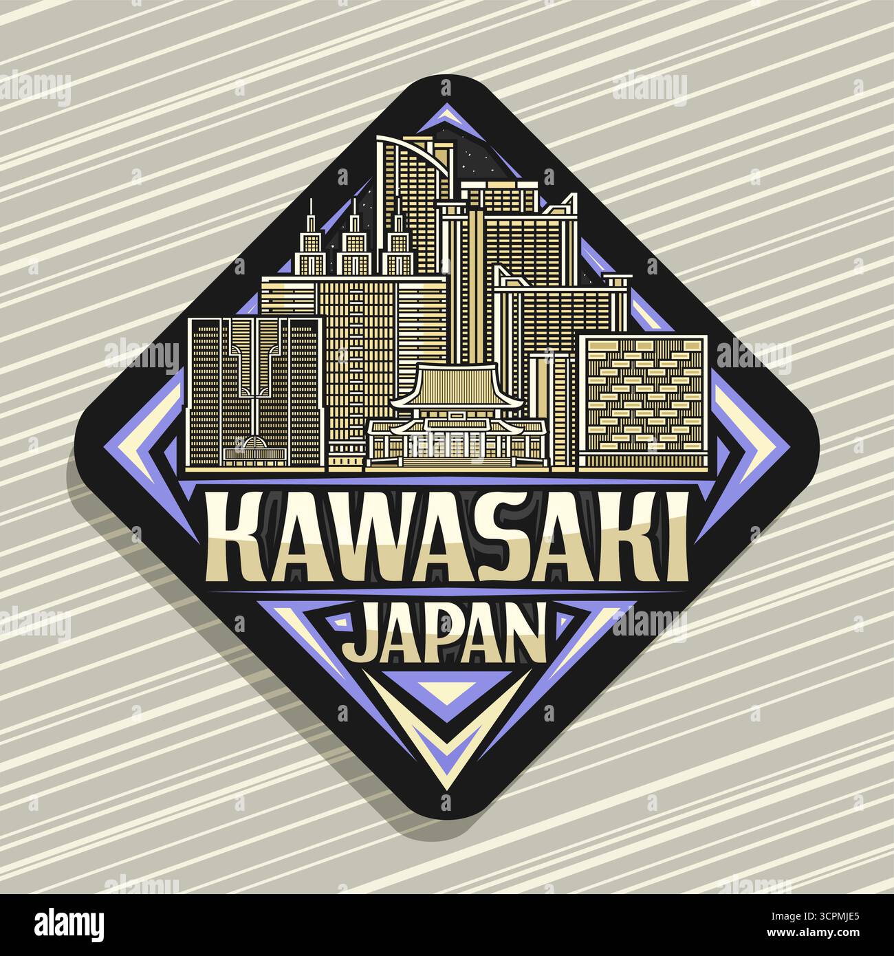 Vektor-Logo für Kawasaki, dunkles dekoratives Rautenschild mit Umrissillustration der nächtlichen kawasaki Stadtlandschaft, Kunstdesign Kühlschrankmagnet W Stock Vektor