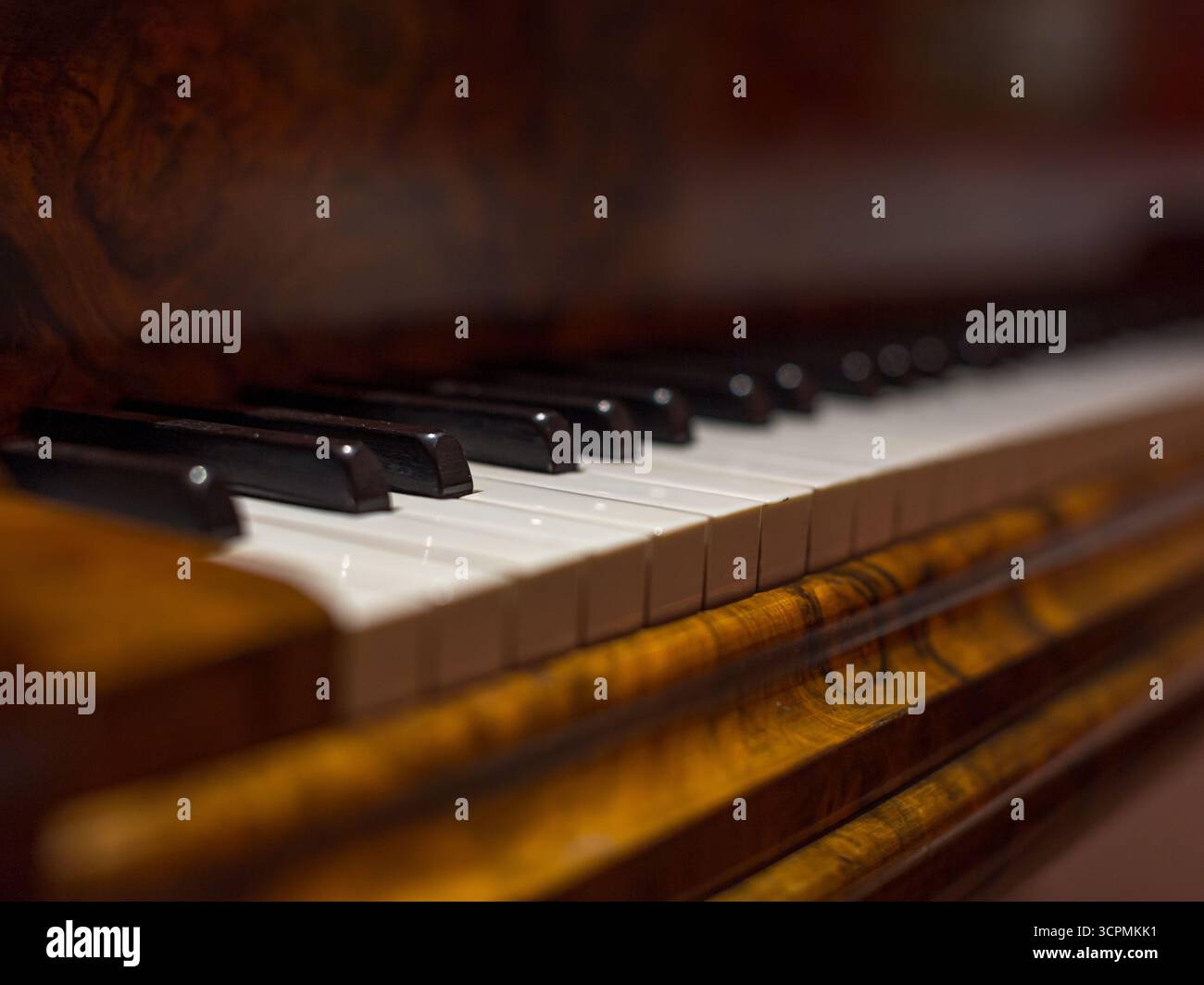 Nahaufnahme einer Klaviertastatur mit glänzenden schwarzen und weißen Tasten. Die Umgebung, einschließlich der Hülle, weist eine reiche Walnussholz-Körnung auf Stockfoto