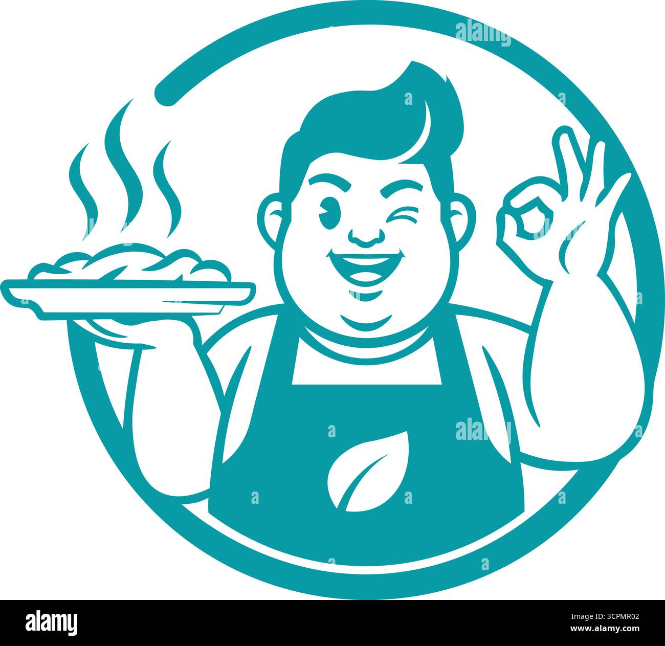 eps, Vektorkunst des Küchenchefs mit Schnurrbart, das Essen in schwarz-weißem Logo wirft Stock Vektor