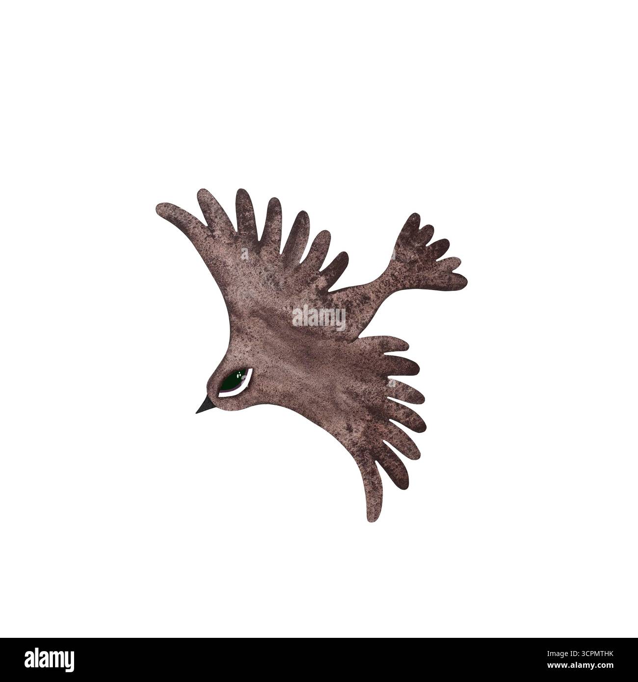 Vogel im Aquarellstil. Stilisierter fliegender brauner Vogel mit Auge isoliert auf weißem Hintergrund. Perfekt für skurrile Designs, Naturprojekte, einzigartig Stockfoto