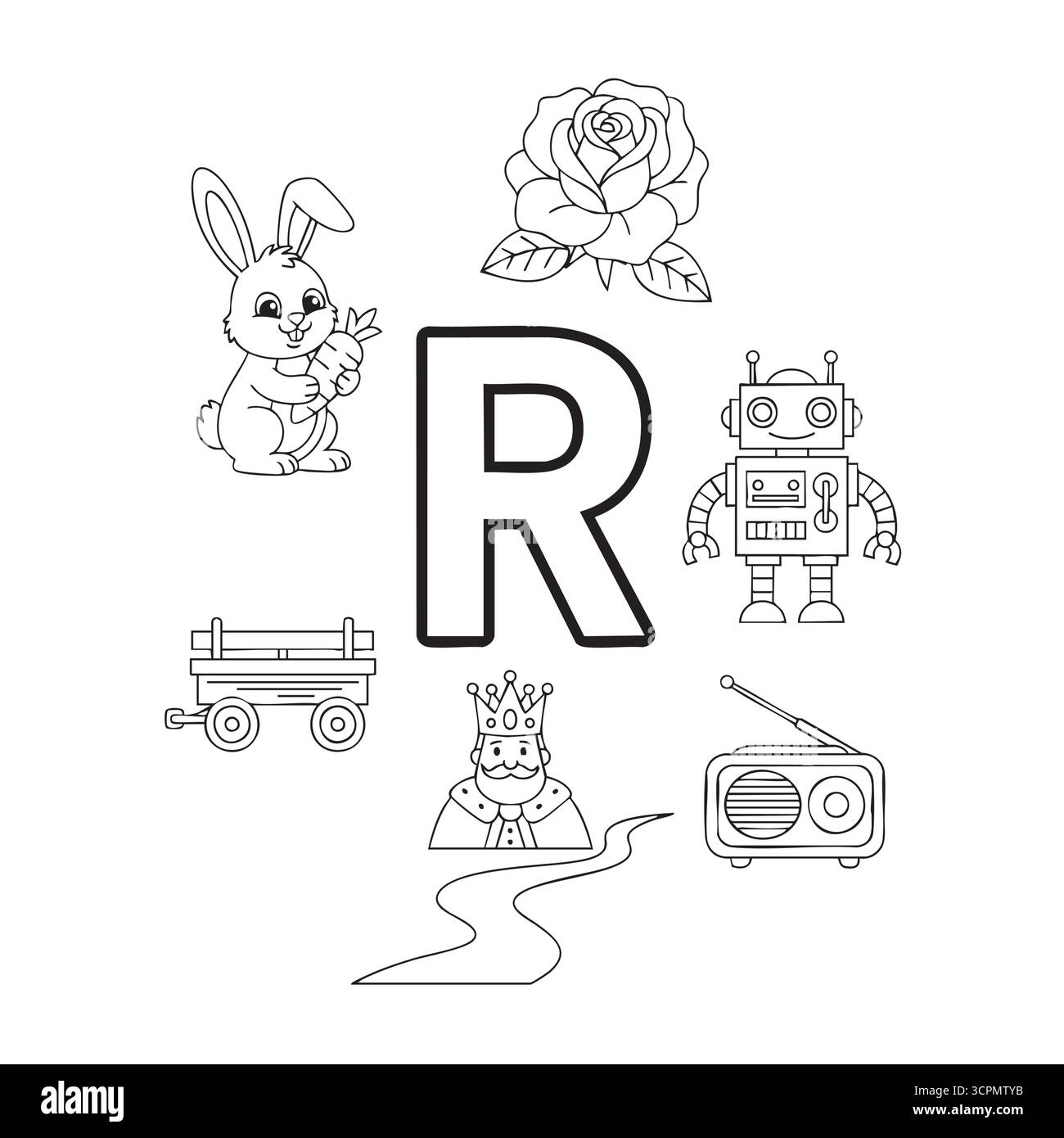 Farbseite mit Buchstabe R mit Kaninchenrose und Roboter Stock Vektor