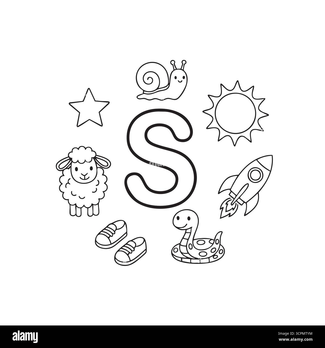 Malseite mit Buchstabe S mit Schlangenschnecke, Schaf und Sonne Stock Vektor